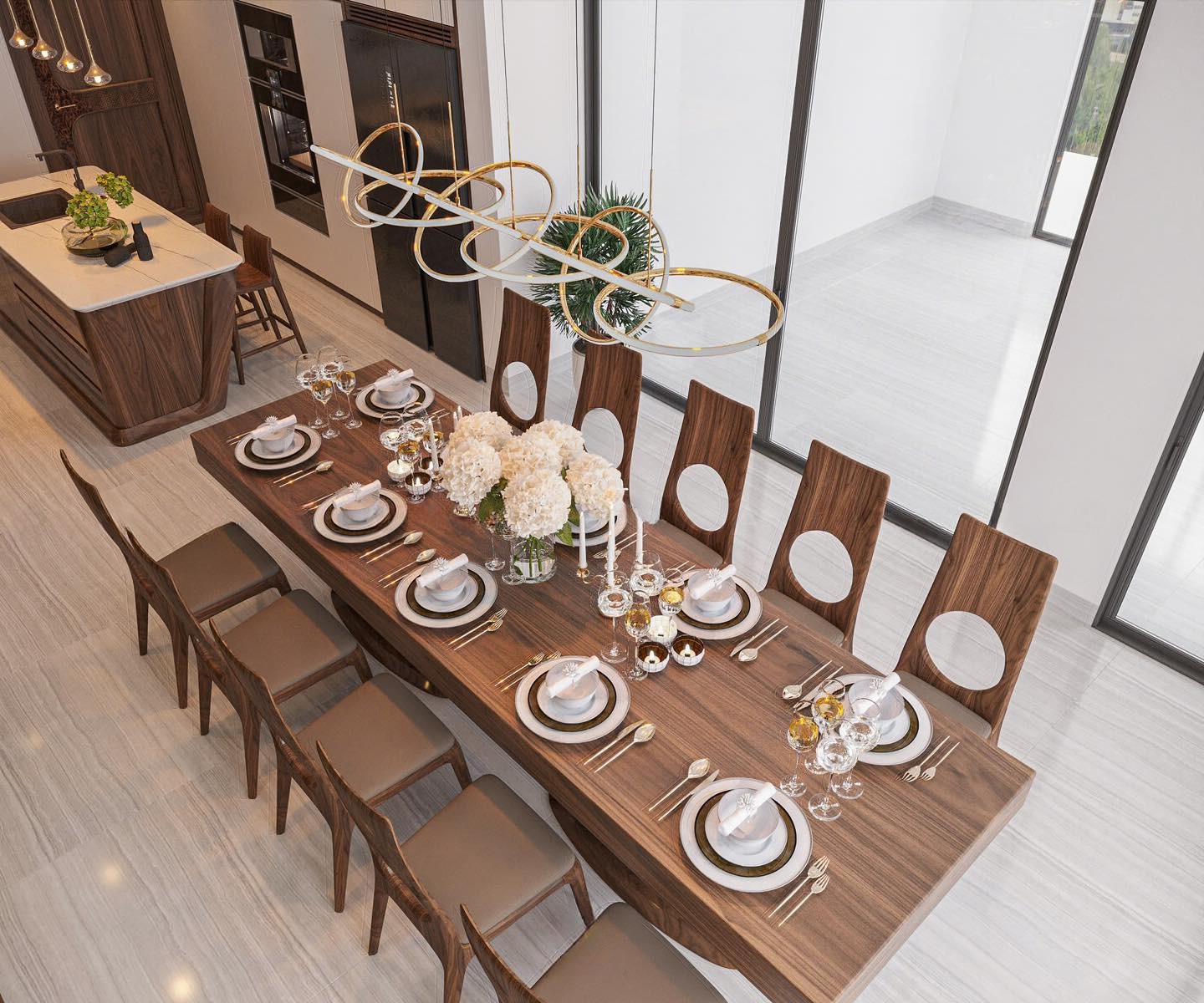 Bộ bàn ăn 10 ghế gỗ óc chó với mặt bàn chữ nhật lớn và ghế tựa cao cutout hiện đại