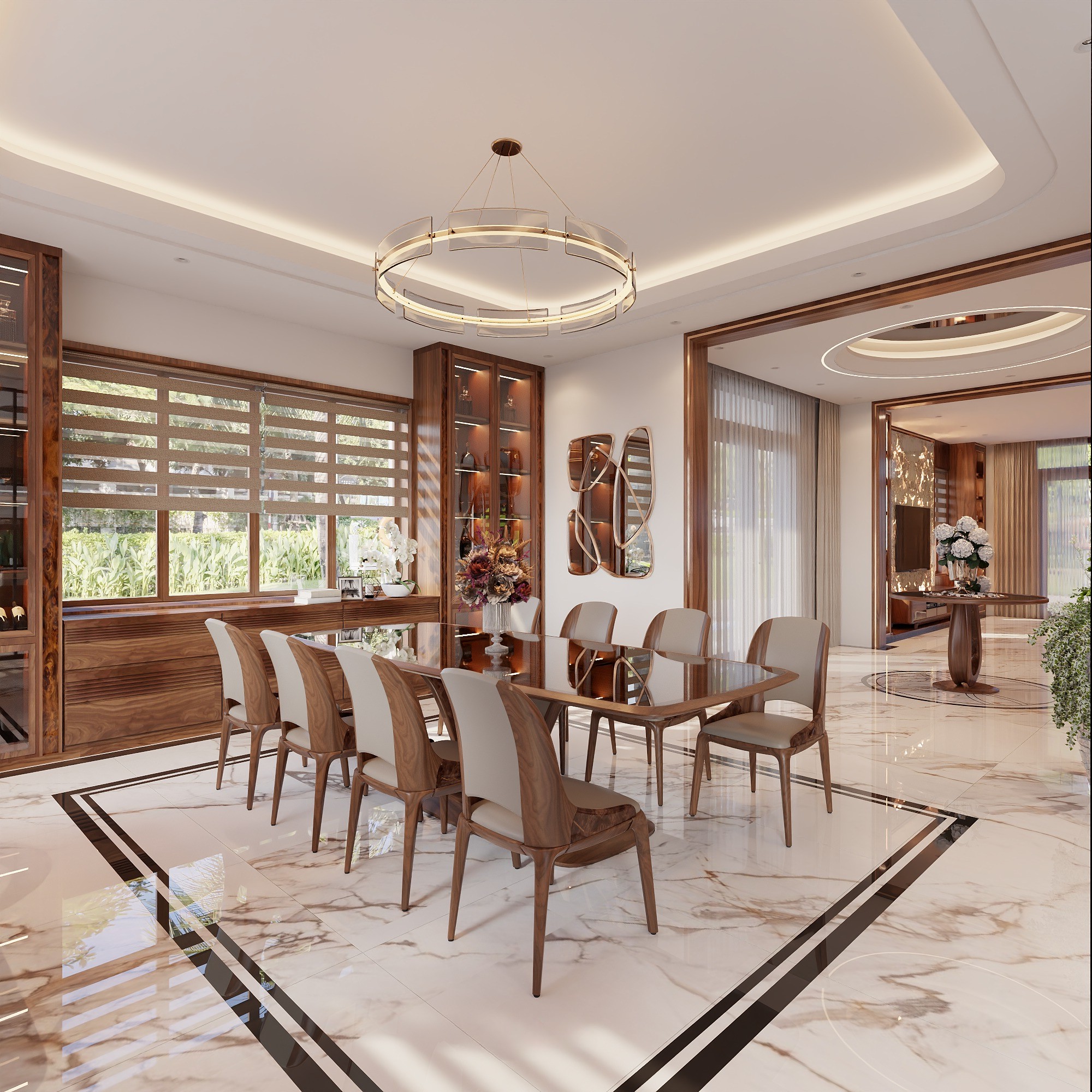 Bàn ăn 8 ghế gỗ sồi tự nhiên màu nâu đậm mặt kính sang trọng