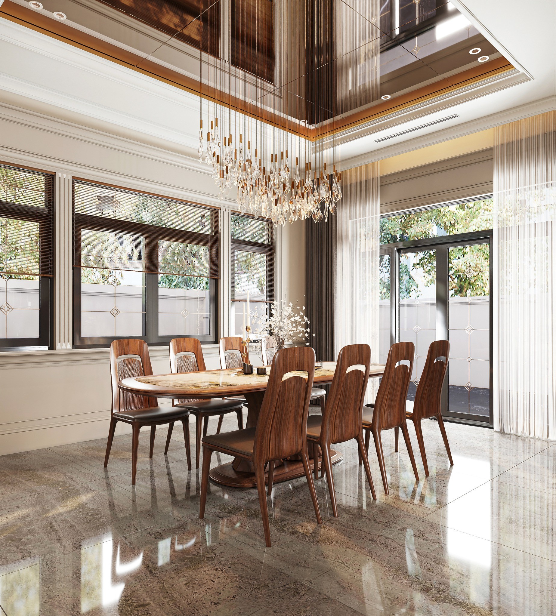 Bàn ăn cao cấp 8 ghế mặt gỗ bầu dục với chân chữ V ngược hiện đại