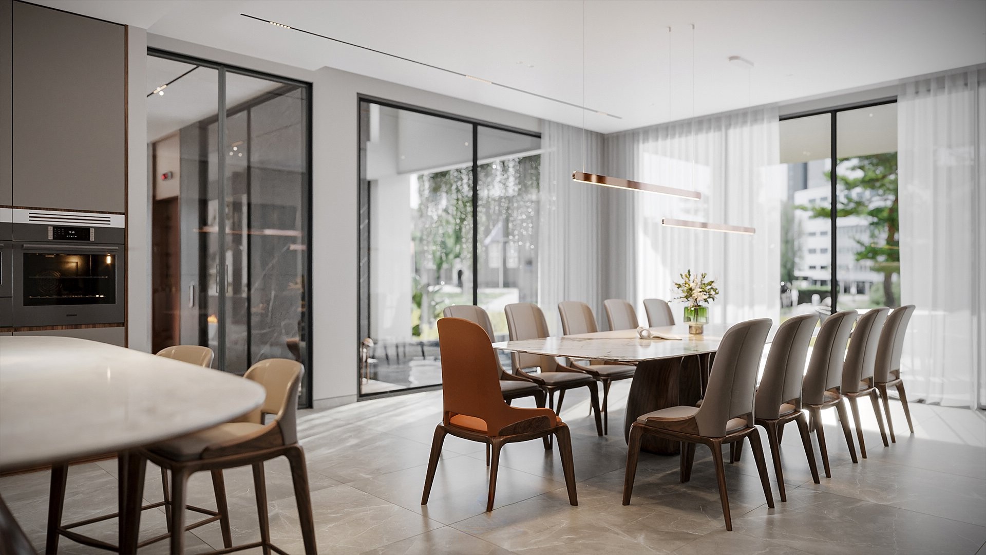 Bàn ăn đẹp hiện đại 12 ghế mặt đá marble chữ nhật bo cong góc