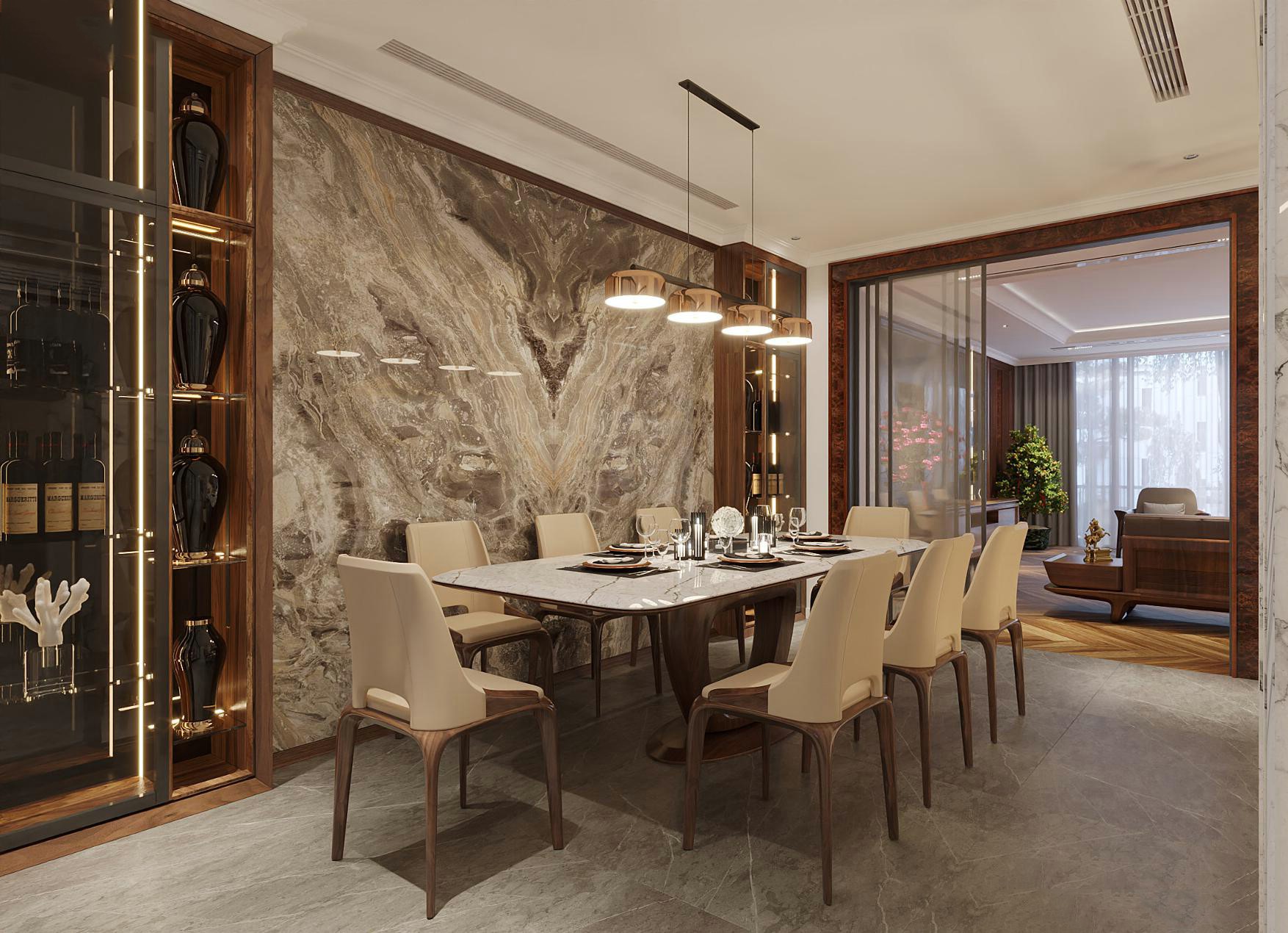 Bàn ăn mặt đá marble trắng xám vân mây, chân trụ kép khung gỗ óc chó