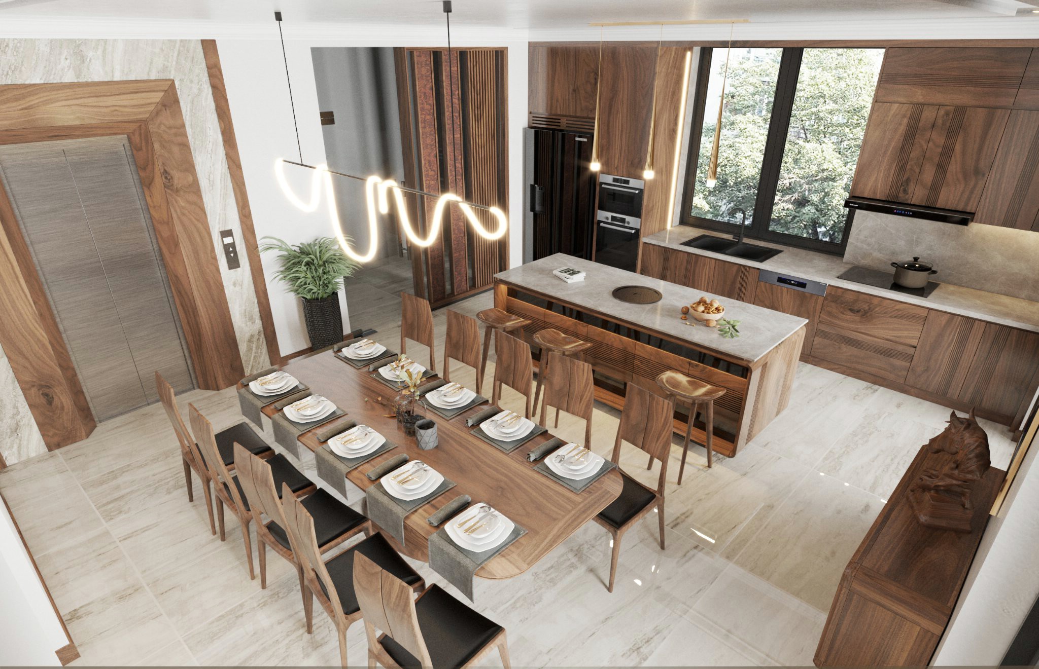 Bàn ăn phòng bếp gỗ óc chó hoặc gỗ sồi tự nhiên với ghế bọc da sang trọng