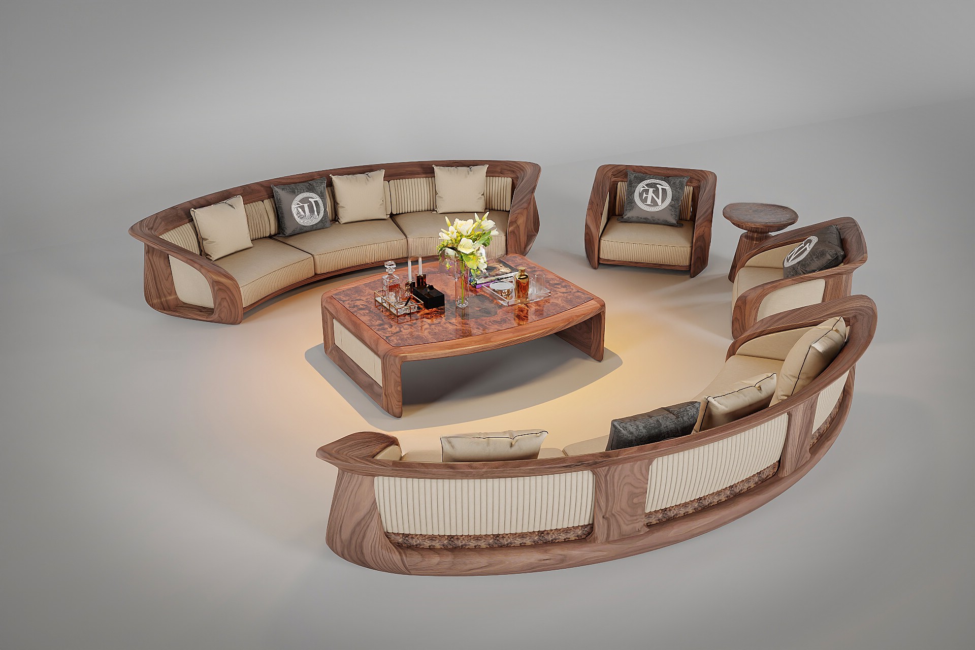 Bàn ghế gỗ phòng khách hiện đại với thiết kế vòm cung sang trọng