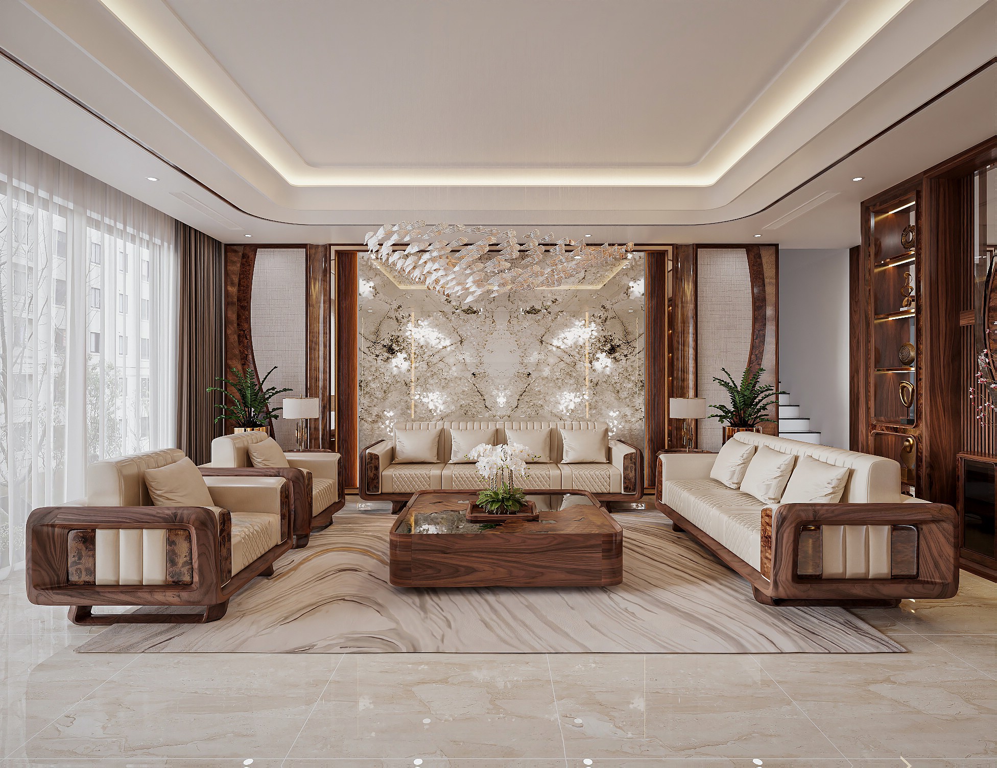 Bộ bàn ghế phòng khách đẹp gỗ tự nhiên với đệm da vàng kim sang trọng