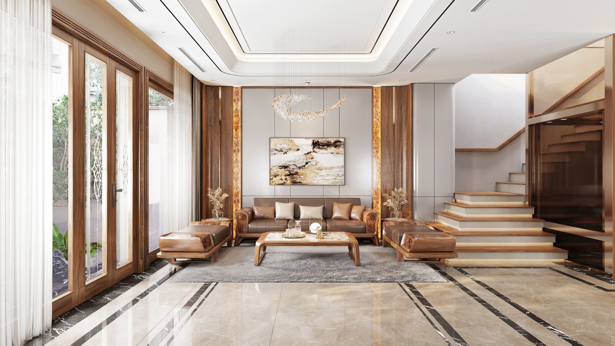 Bàn ghế phòng khách đơn giản hiện đại gỗ óc chó