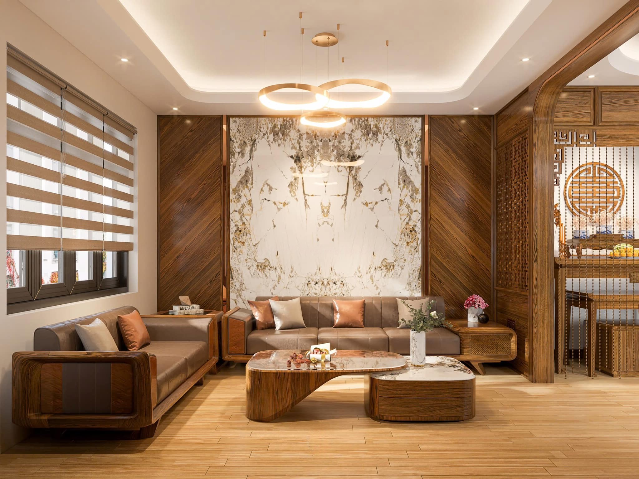 Bàn ghế phòng khách gỗ hiện đại với tay vịn ốp da và bàn trà veneer nu – marble