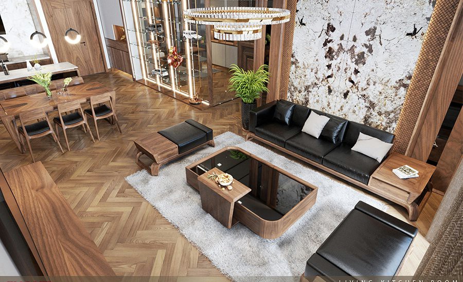 Bàn ghế phòng khách nhỏ gỗ sồi Mỹ hiện đại