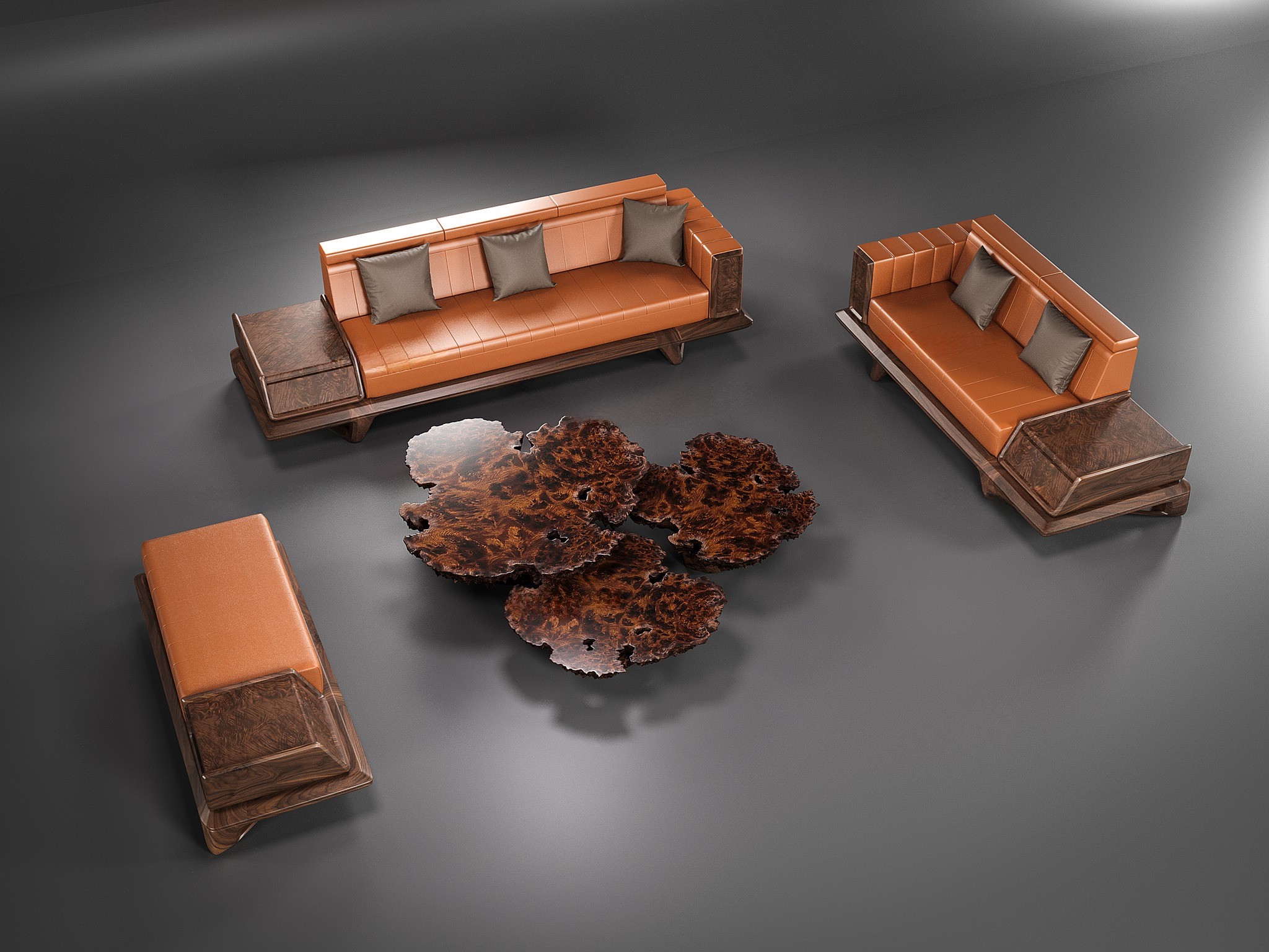 Bộ bàn ghế sofa gỗ hiện đại với đệm da màu cam đất và bàn trà gỗ nguyên khối