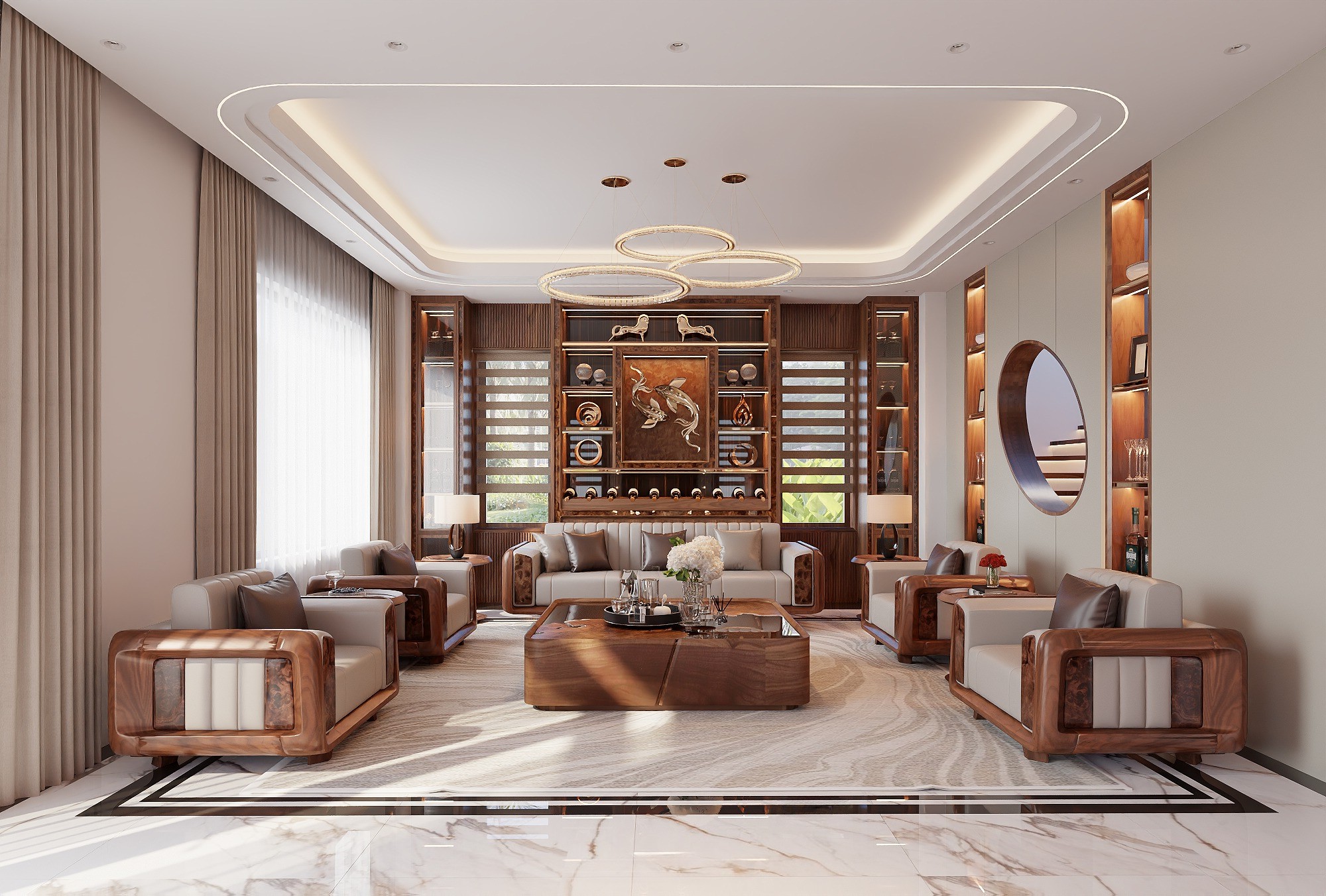 Bộ sopha gỗ óc chó sang trọng cho phòng khách lớn