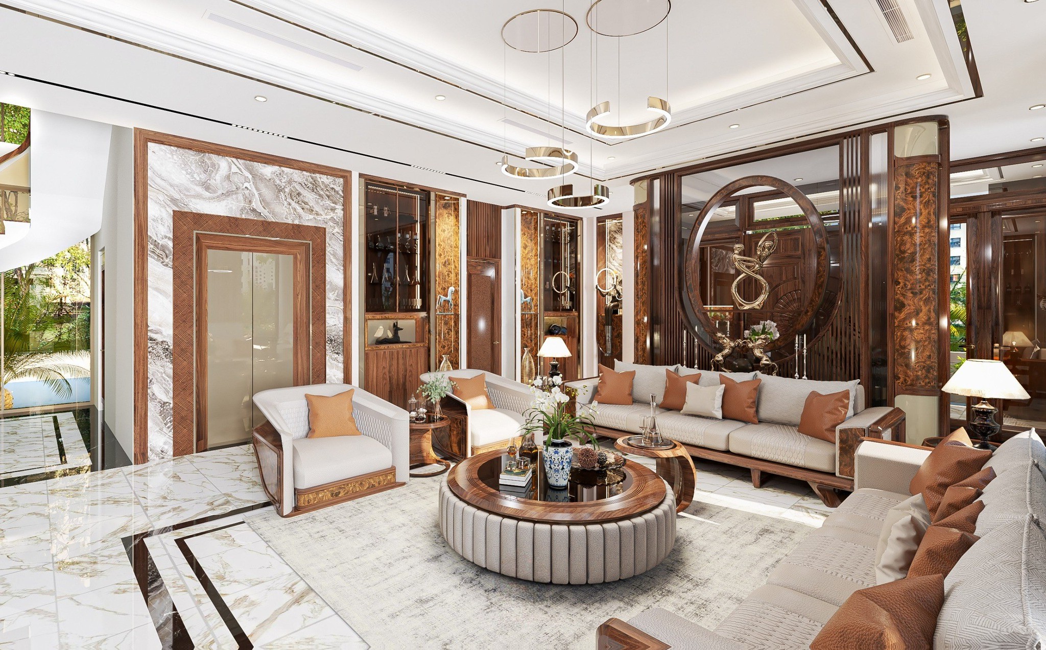 Bàn trà gỗ tròn gỗ óc chó mặt kính đen