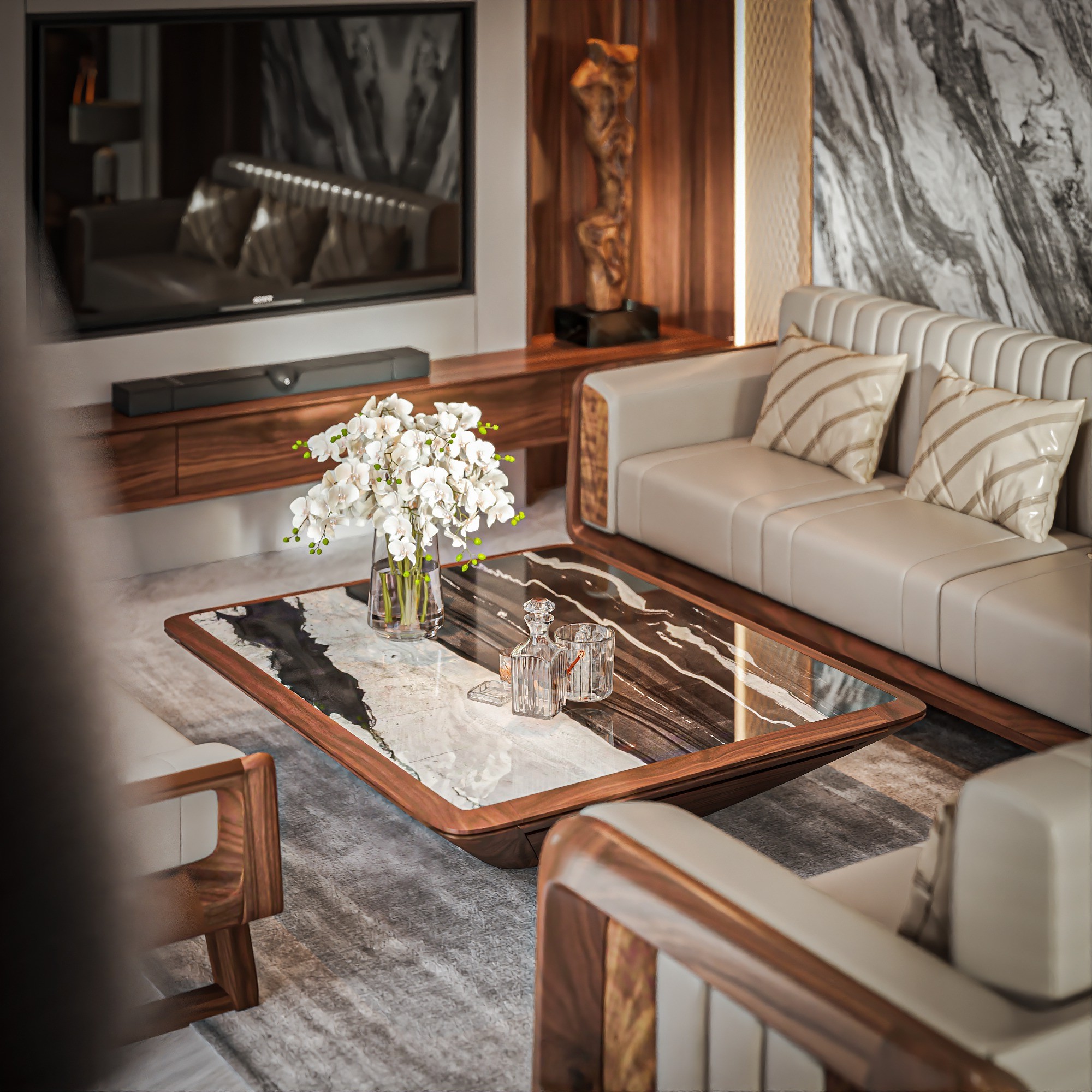 Bàn trà mặt đá cao cấp gỗ óc chó
