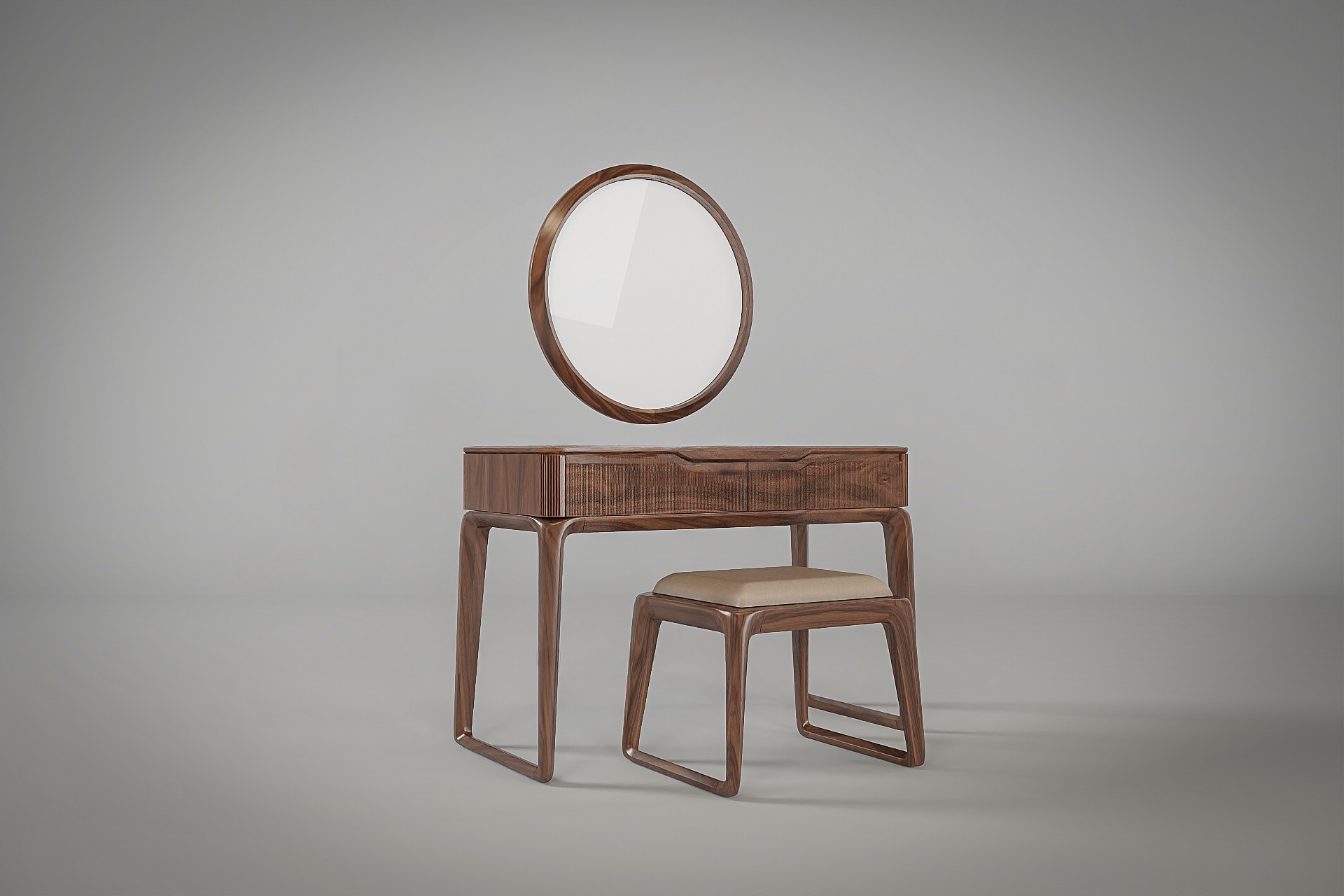 Bàn trang điểm bằng gỗ óc chó tự nhiên bo cong hiện đại với ghế đôn đồng bộ