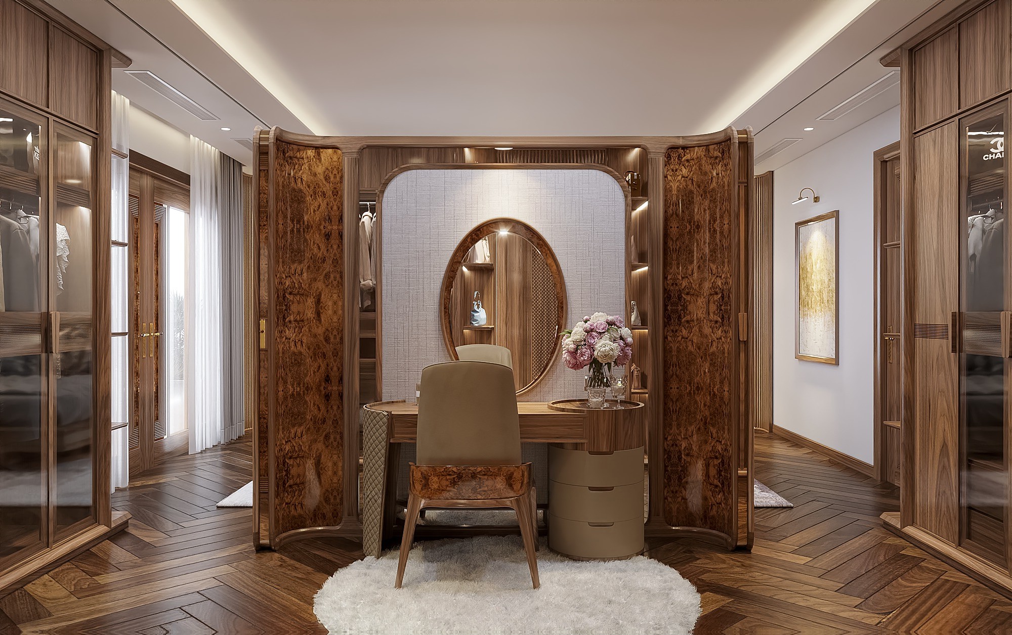 Bàn trang điểm cao cấp kết hợp vách ngăn phòng ngủ và phòng thay đồ