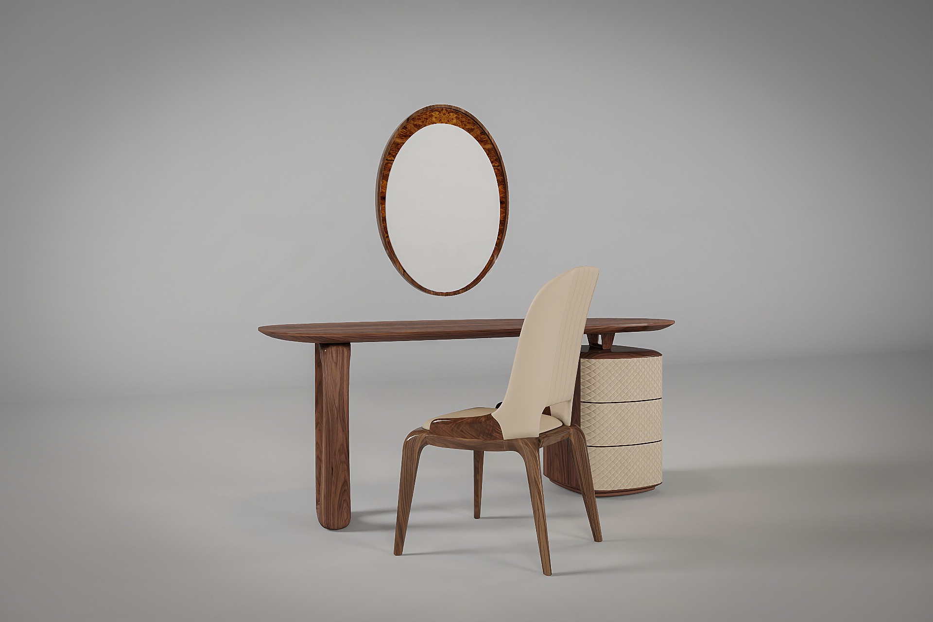 Bàn trang điểm gỗ cao cấp mặt oval với tủ ngăn kéo ốp da quả trám