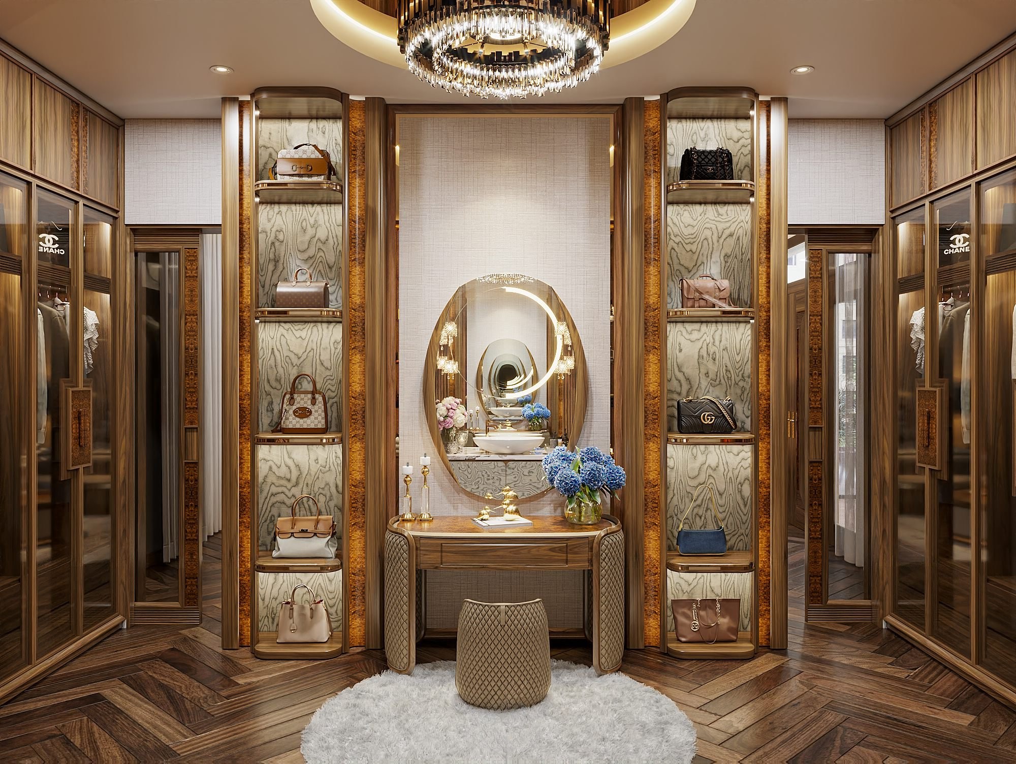 Bàn trang điểm gỗ đẹp hiện đại gỗ sồi Nga chân chữ C ốp da PU