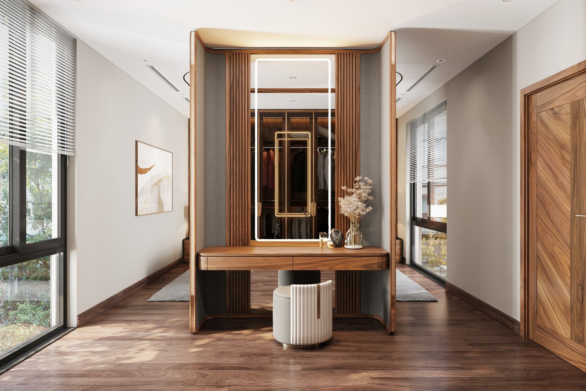 Bàn trang điểm gỗ tự nhiên hiện đại treo tường với gương cao kịch trần và ghế đôn bọc da