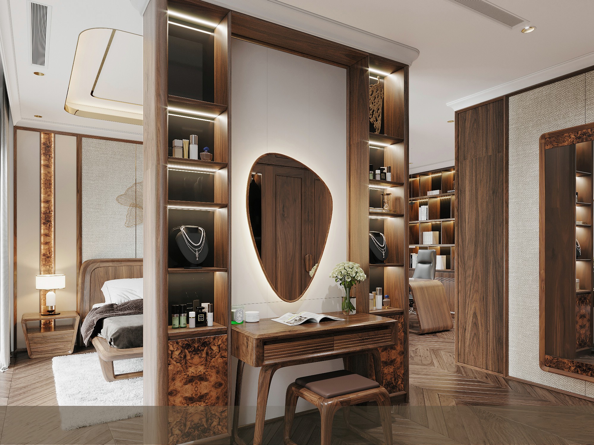 Bàn trang điểm gỗ tự nhiên gỗ óc chó chân chữ U hiện đại