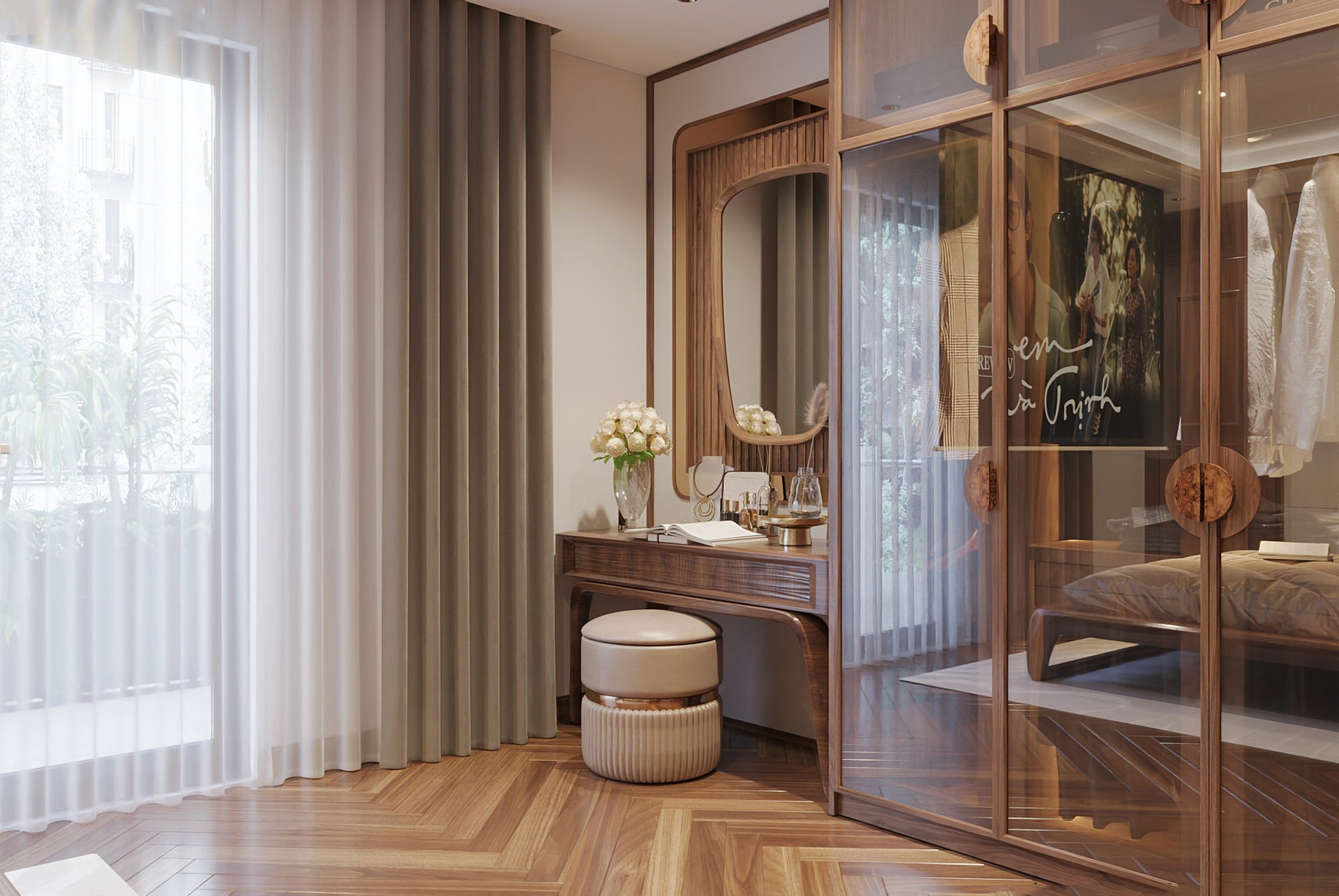 Bàn trang điểm phòng ngủ gỗ óc chó hoặc gỗ sồi hiện đại với gương treo tường