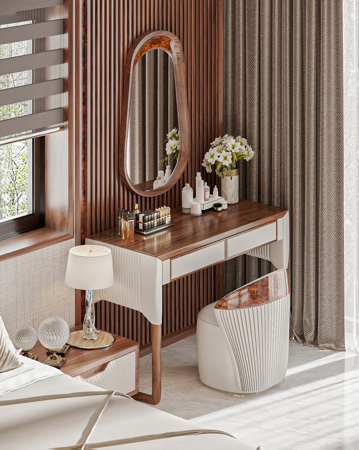 Bàn trang điểm thông minh mặt gỗ nguyên tấm, bọc da kẻ sọc, gương oval khung veneer nu
