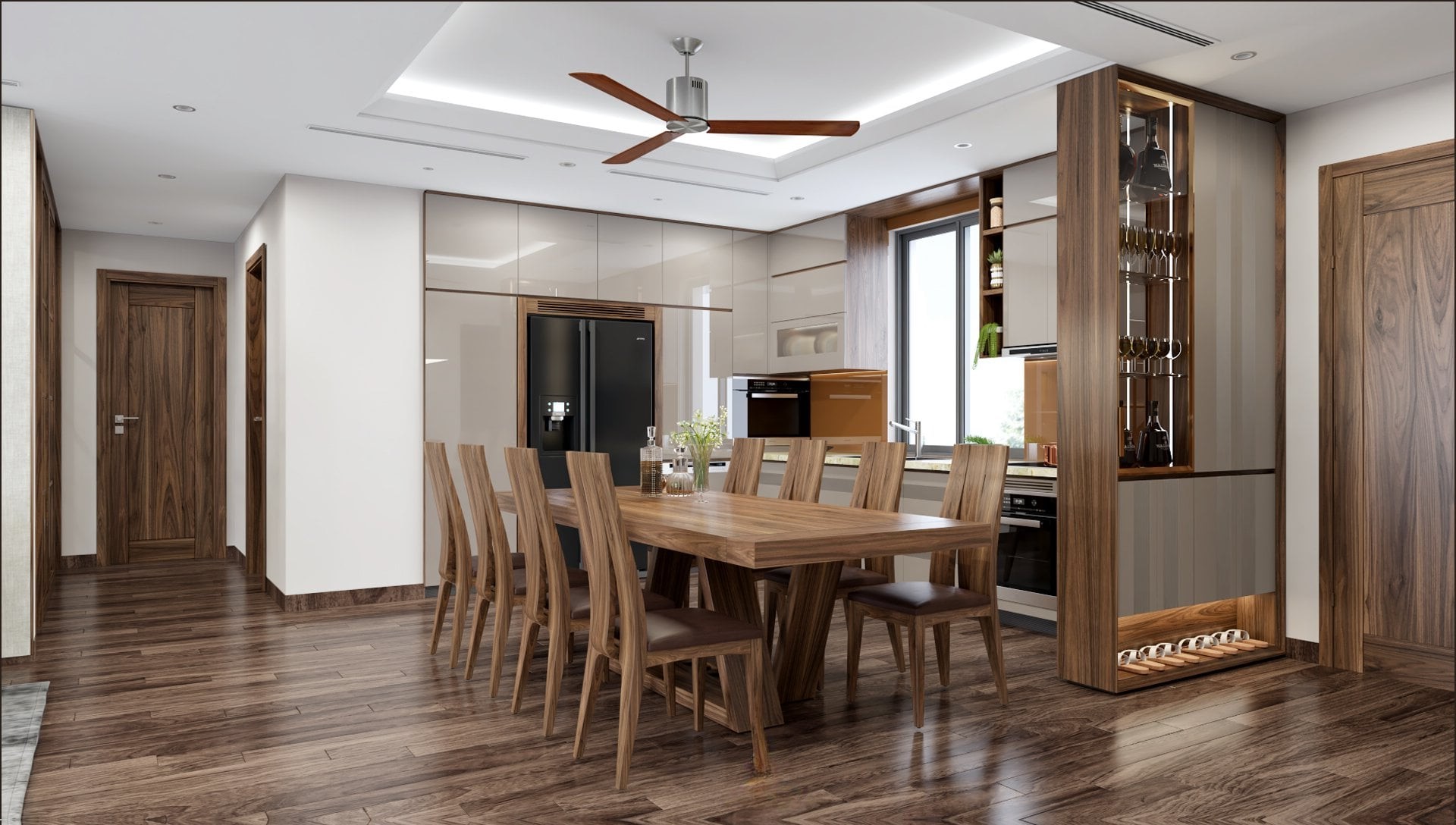 Bộ bàn ăn 8 ghế gỗ óc chó sang trọng hiện đại