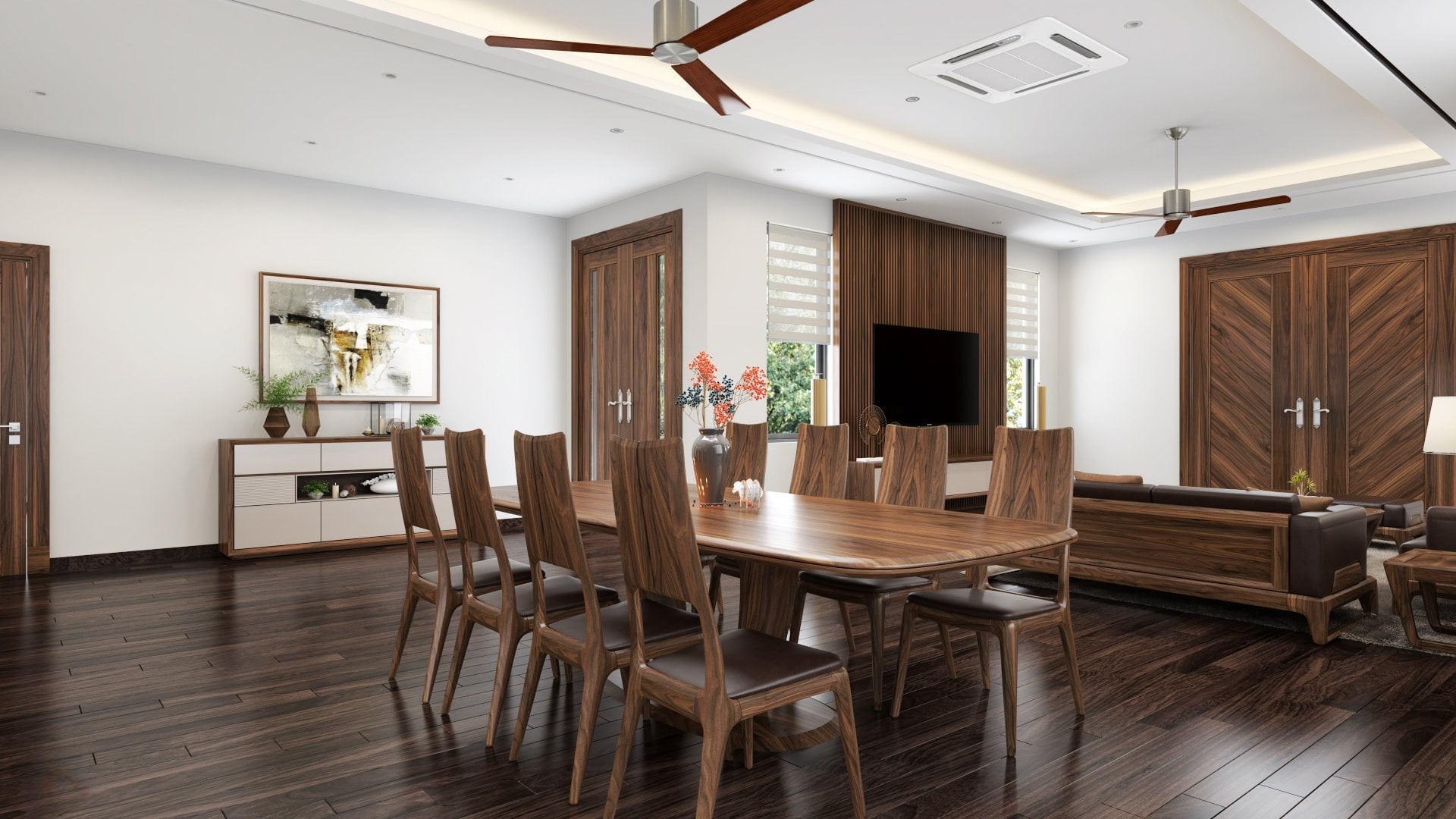 Bộ bàn ăn 8 ghế gỗ óc chó hoặc gỗ sồi sơn nâu gụ với chân chữ U