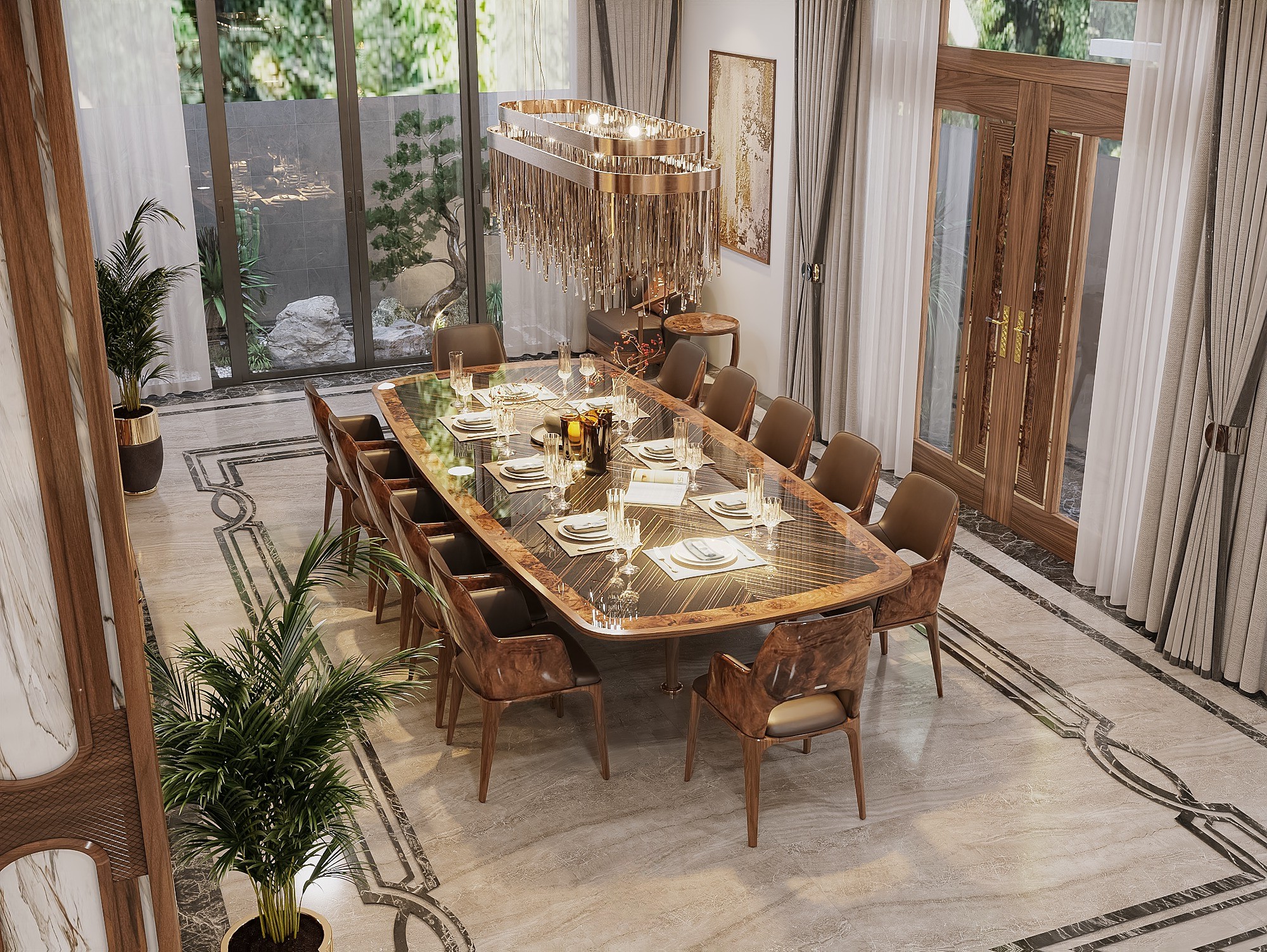 Bộ bàn ăn đẹp hiện đại 12 ghế gỗ óc chó tự nhiên mặt đá đen vân tia trắng