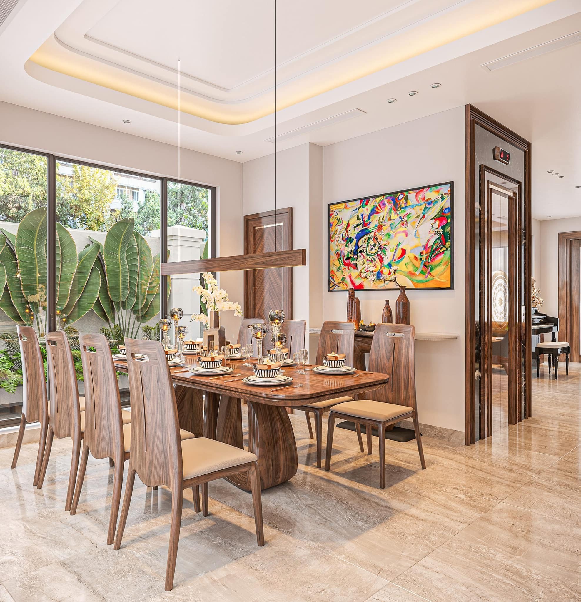 Bộ bàn ăn gỗ óc chó tự nhiên 8 ghế màu nâu gụ sang trọng