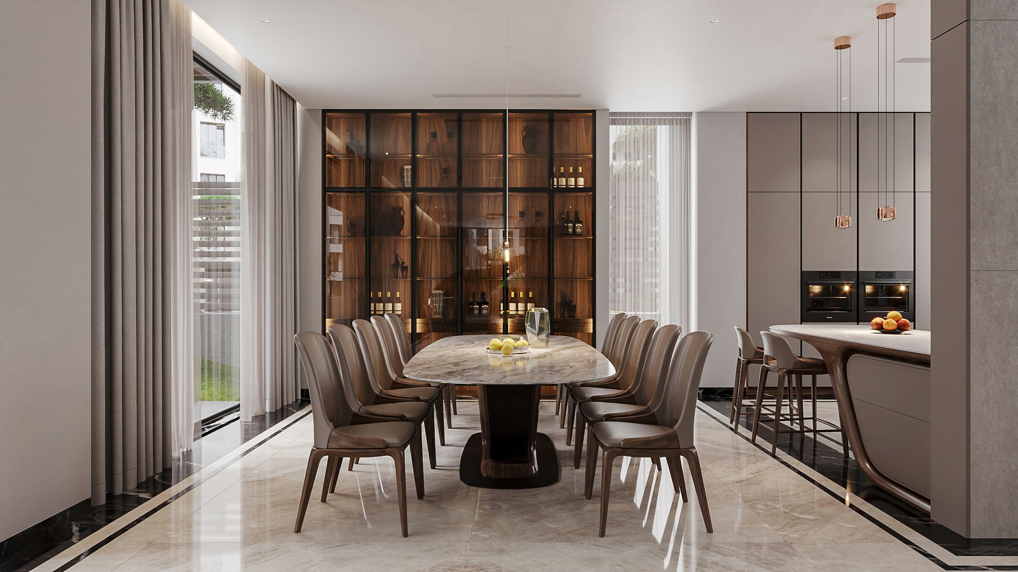 Bộ bàn ăn mặt đá marble trắng vân xám 10 ghế, bàn chữ nhật bo tròn, chân trụ chữ I màu đen, ghế bọc da ghi khung gỗ