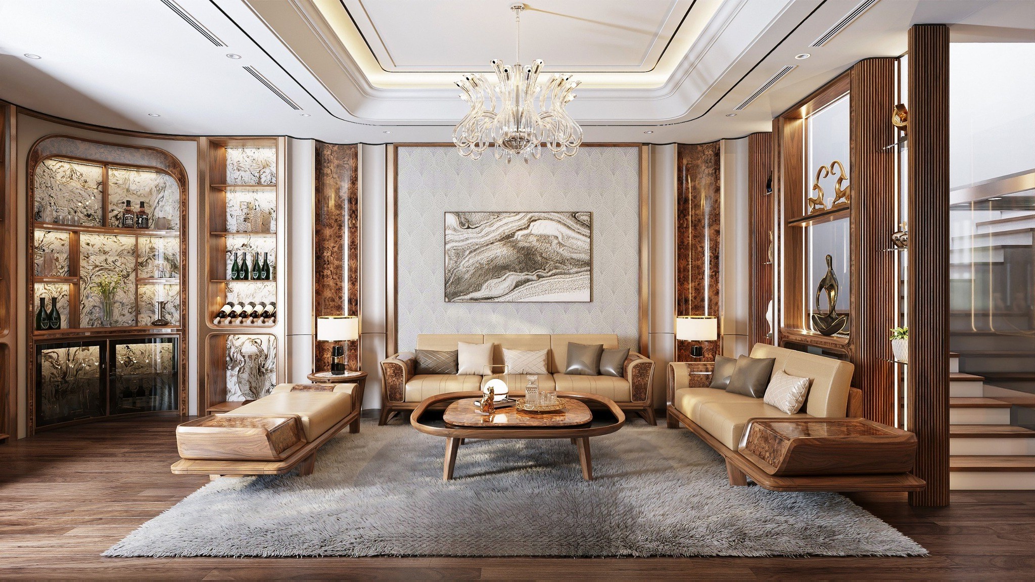 Bộ bàn ghế phòng khách gỗ tự nhiên với đệm da PU be vàng và bàn trà veneer nu