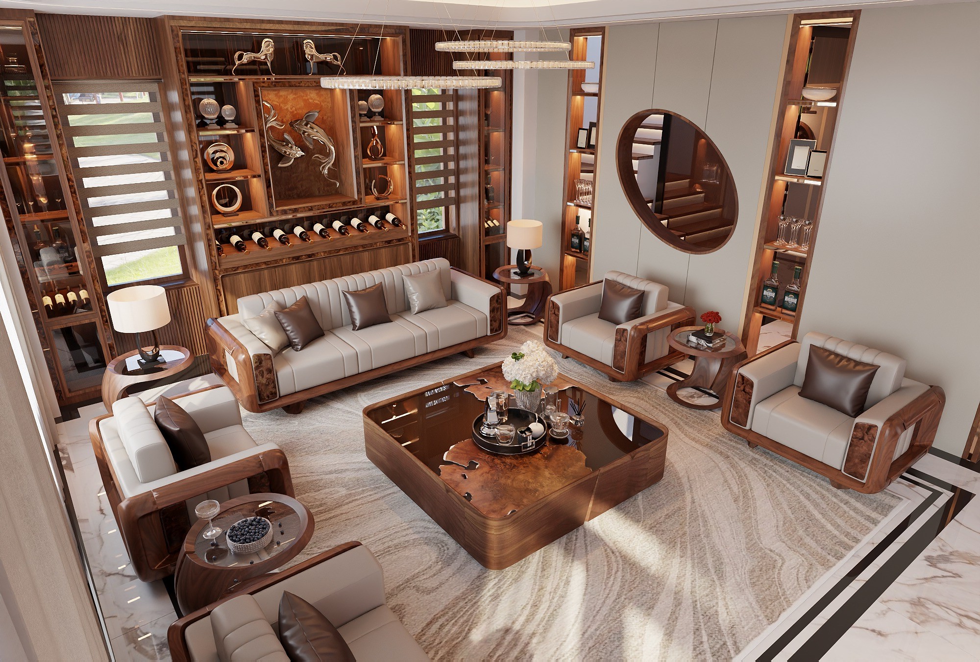 Bộ bàn ghế phòng khách hiện đại gỗ óc chó hoặc gỗ sồi với bàn trà hộp vuông mặt kính nâu