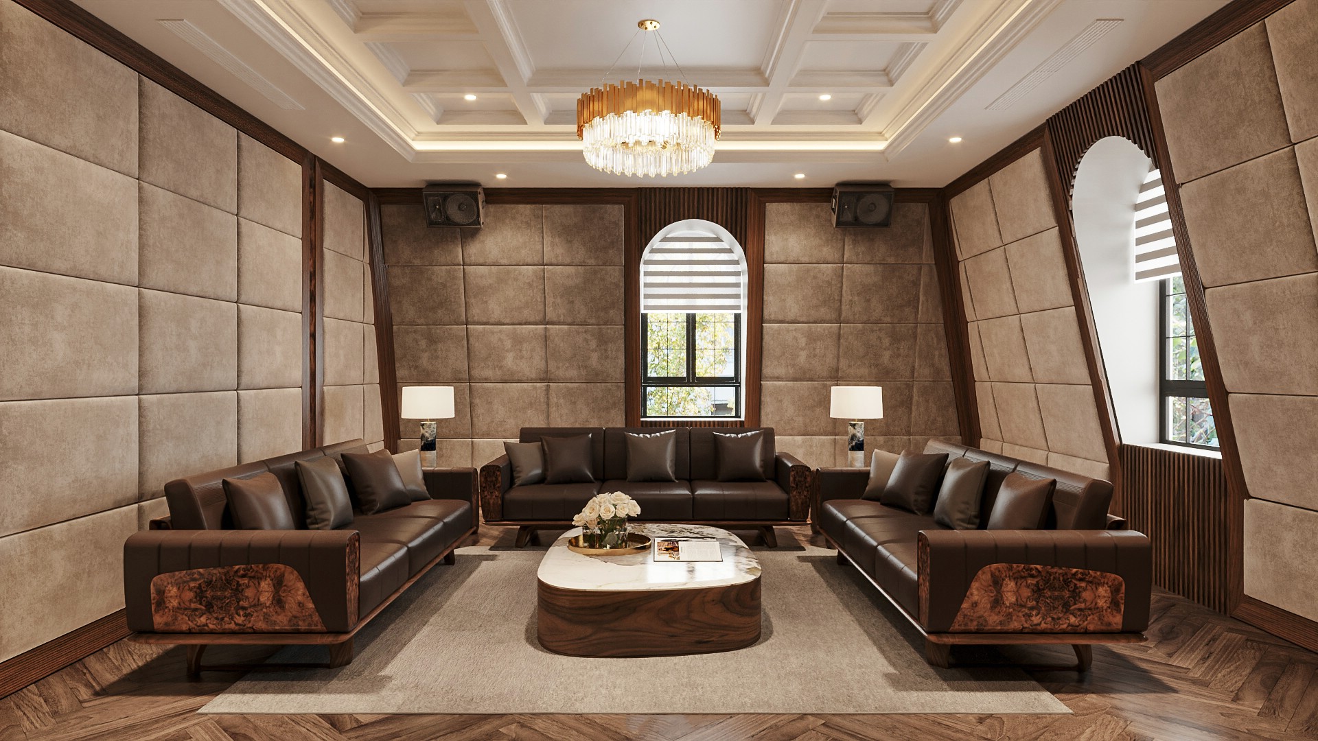 Bộ bàn ghế sofa gỗ phòng khách hiện đại với thiết kế chữ U và bàn trà đá marble