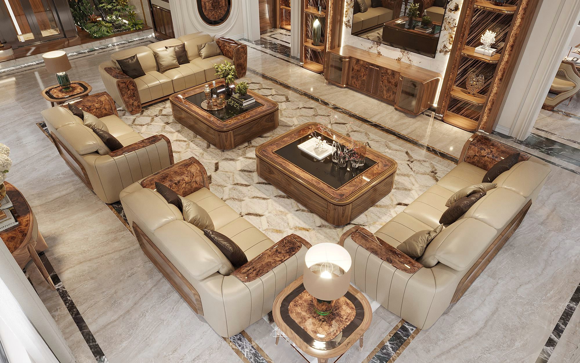 Bộ bàn ghế sofa gỗ óc chó phòng khách diện tích lớn