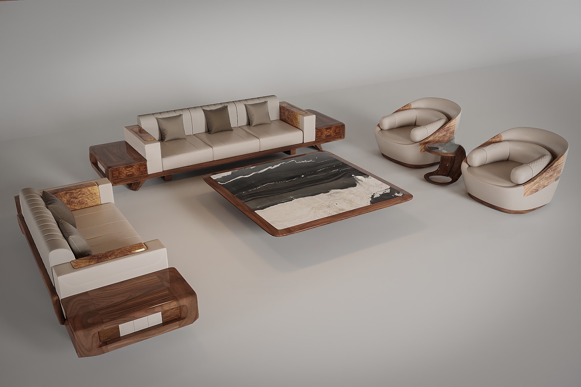 Bộ ghế sofa gỗ Óc Chó với bàn trà kim tự tháp ngược và da bò Ý trắng kem