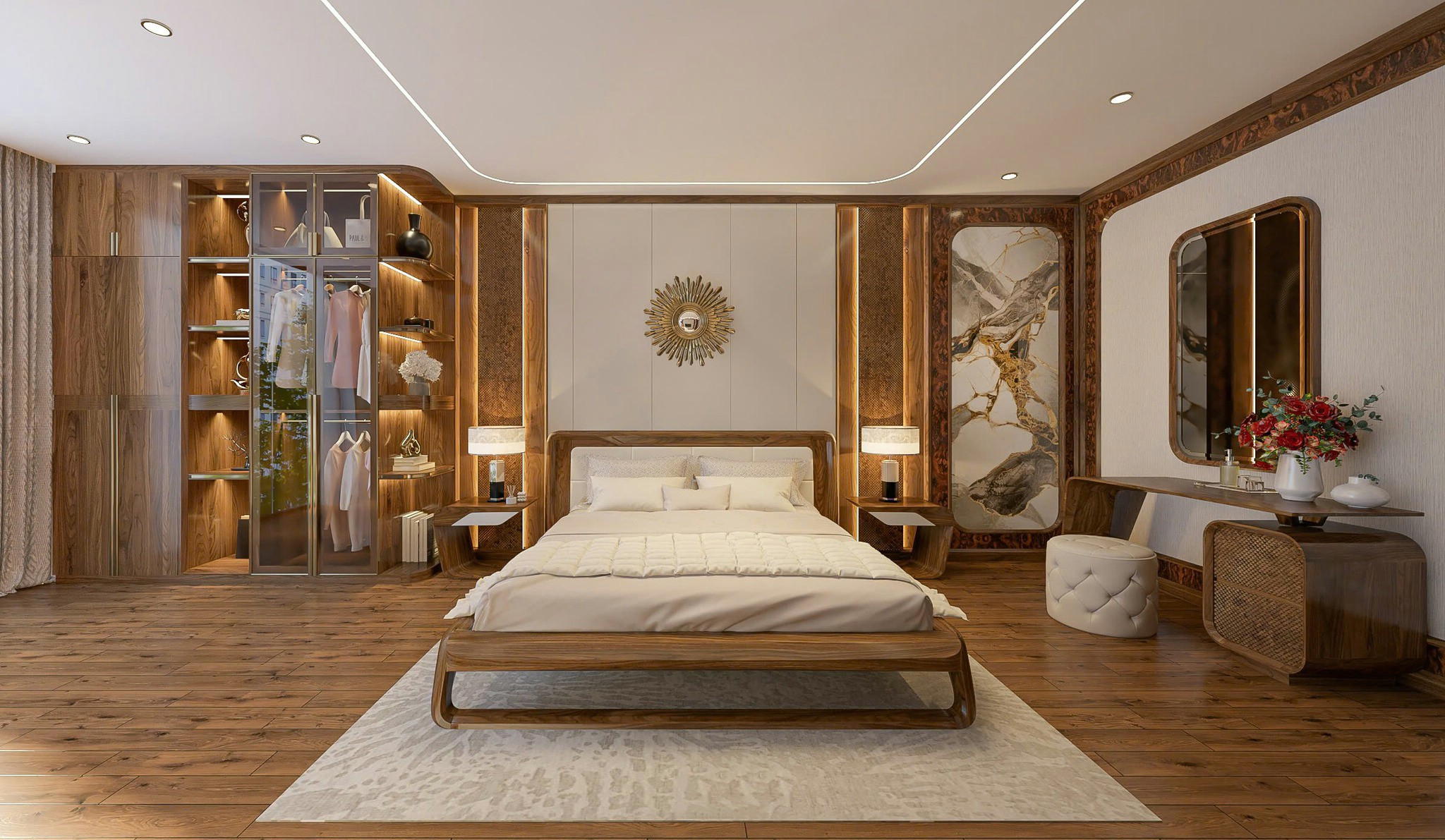 Bộ phòng ngủ gỗ óc chó hiện đại với giường, tủ áo và bàn trang điểm cao cấp