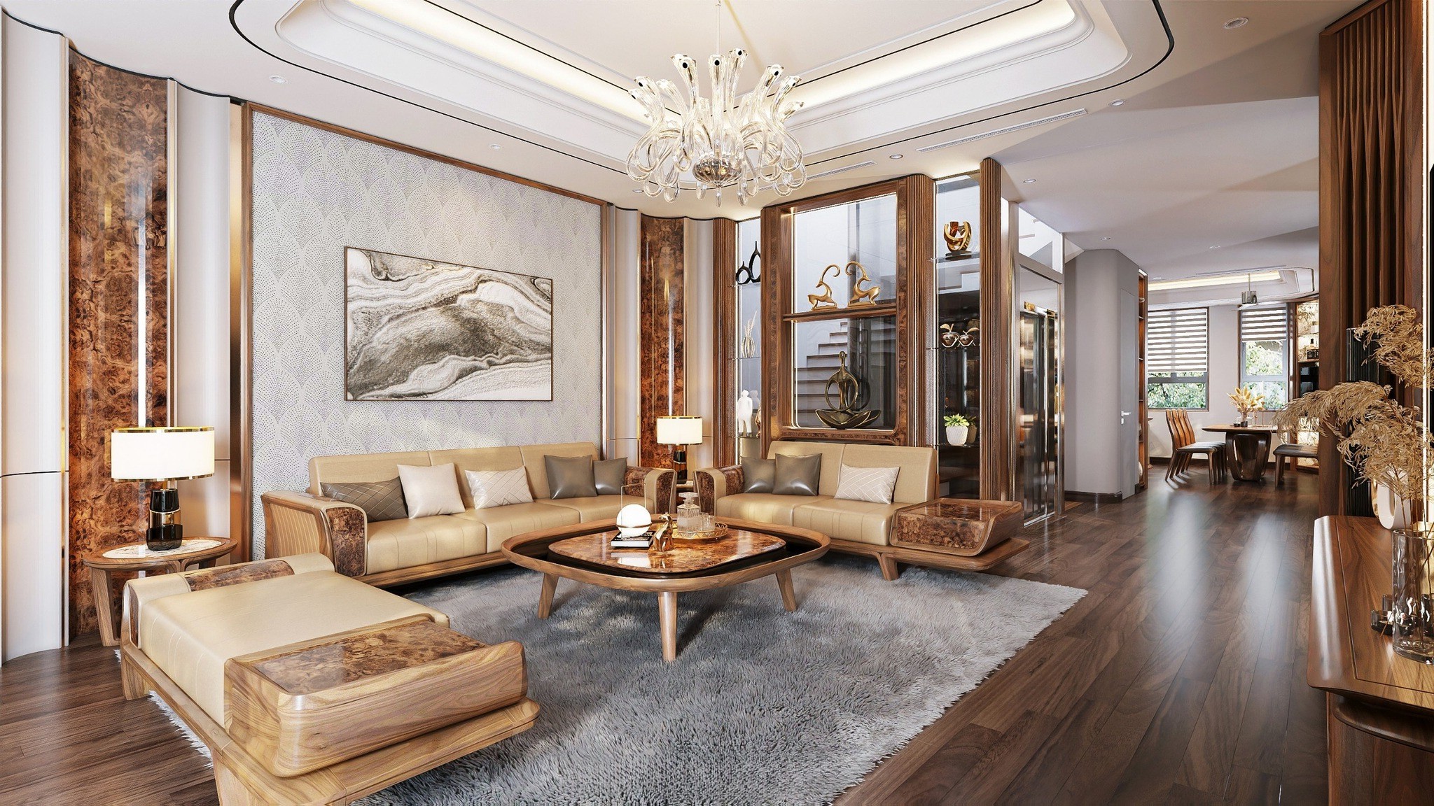 Bộ sofa gỗ óc chó phòng khách hiện đại