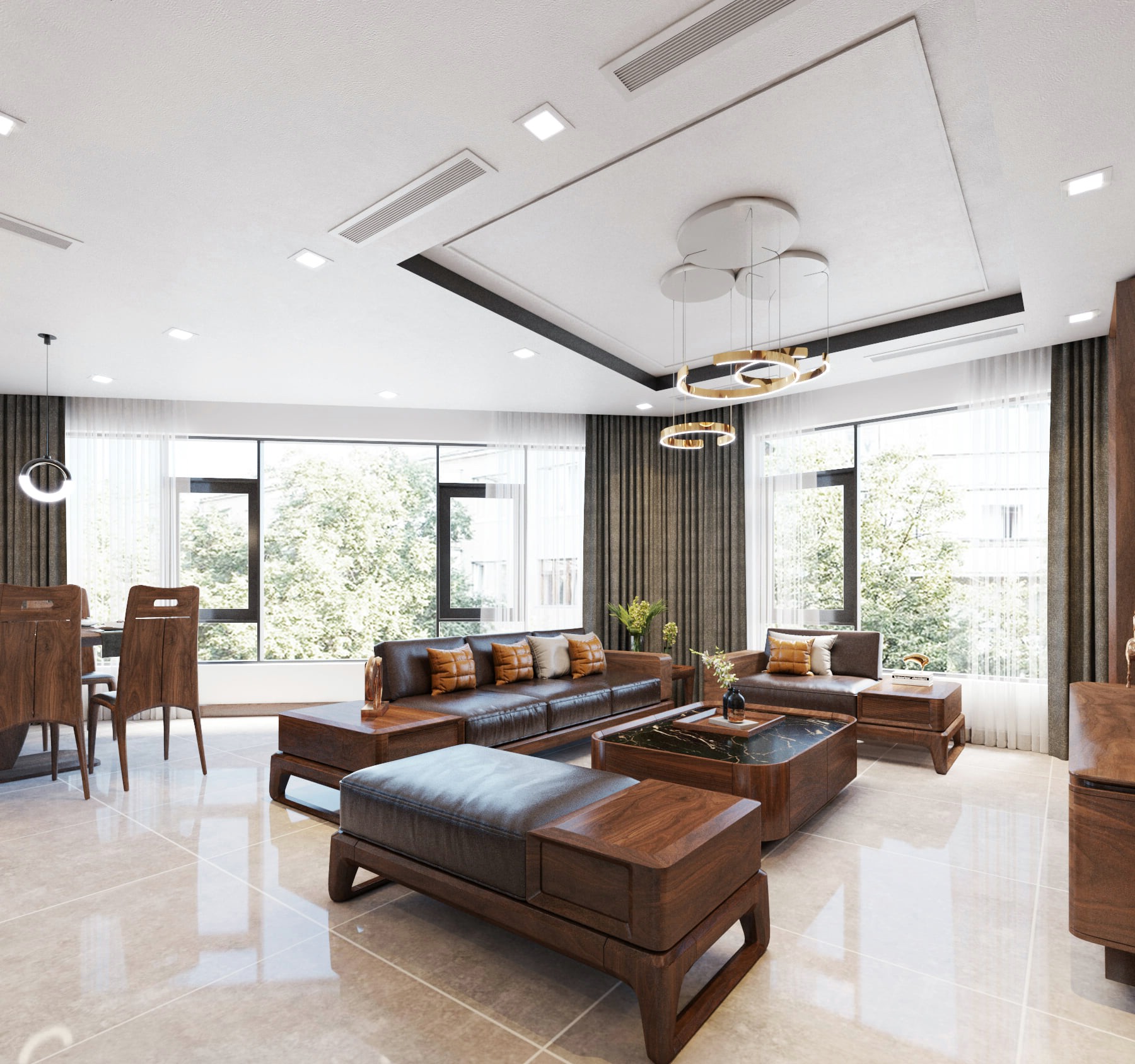 Bộ sofa gỗ phòng khách gỗ óc chó chữ U