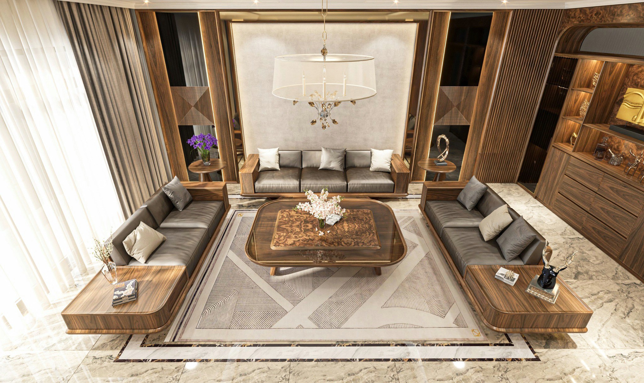 Bộ sofa gỗ óc chó màu nâu đen với bàn trà veneer nu – kính và đệm da đen sang trọng