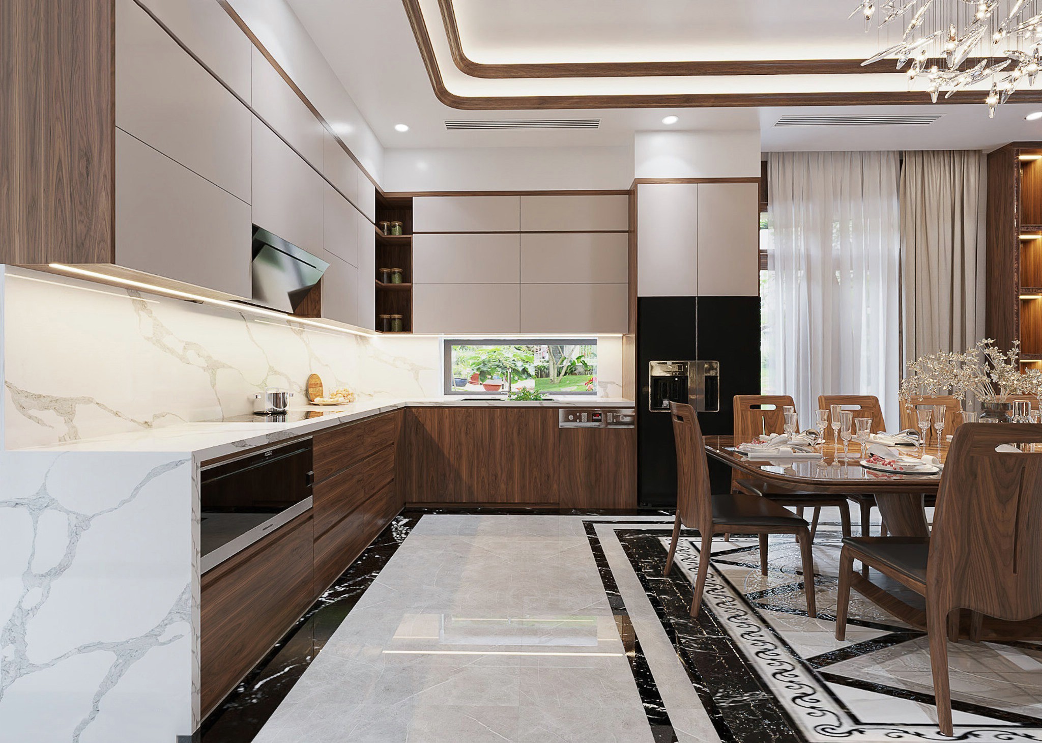 Bộ tủ bếp cao cấp chữ L hiện đại với acrylic trắng, laminate nâu trầm và đá granite