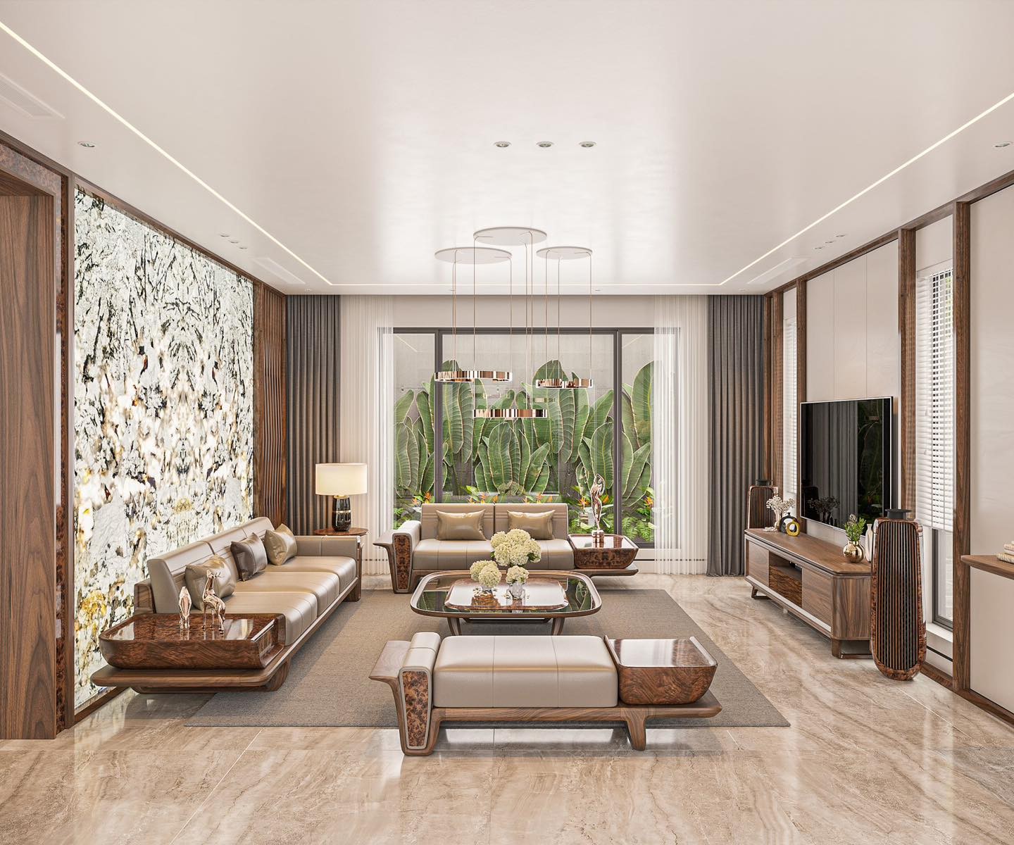 Thiết kế phòng khách gỗ óc chó sang trọng hiện đại