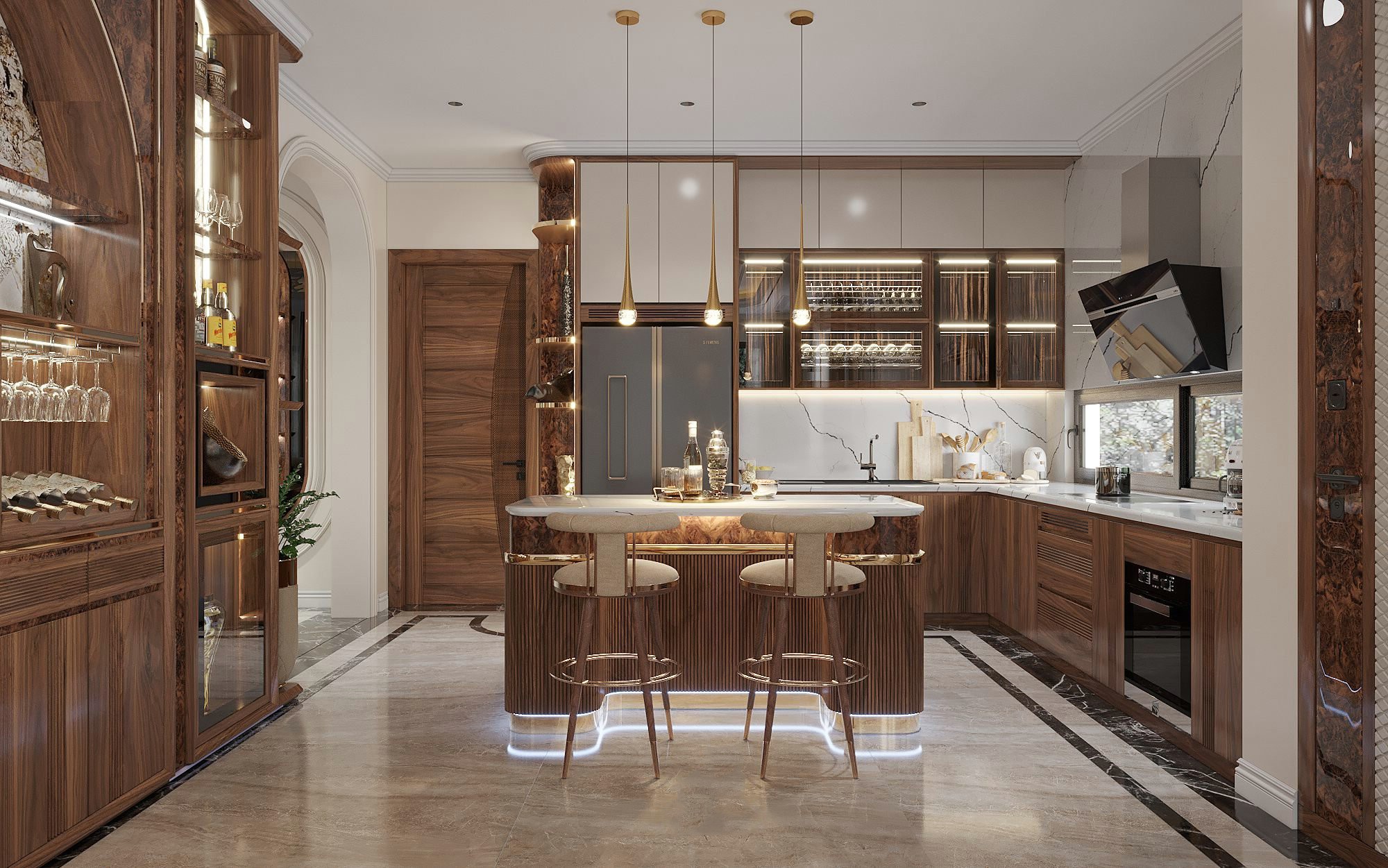 Mẫu tủ bếp gỗ óc chó chữ L sang trọng