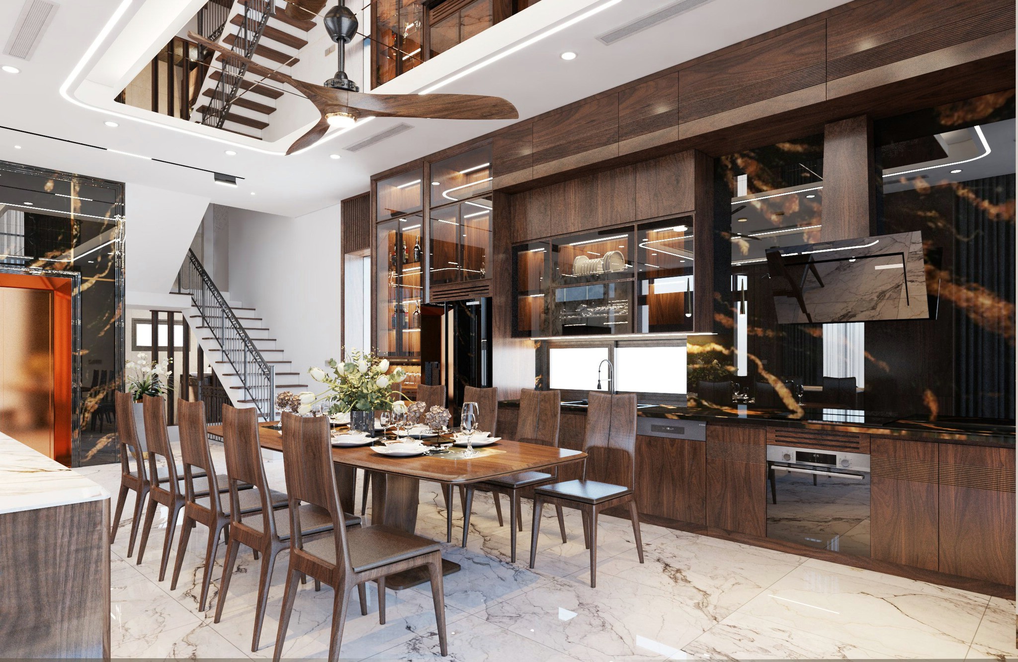 công ty thiết kế nội thất phòng bếp với tủ bếp chữ I tích hợp tủ rượu veneer óc chó