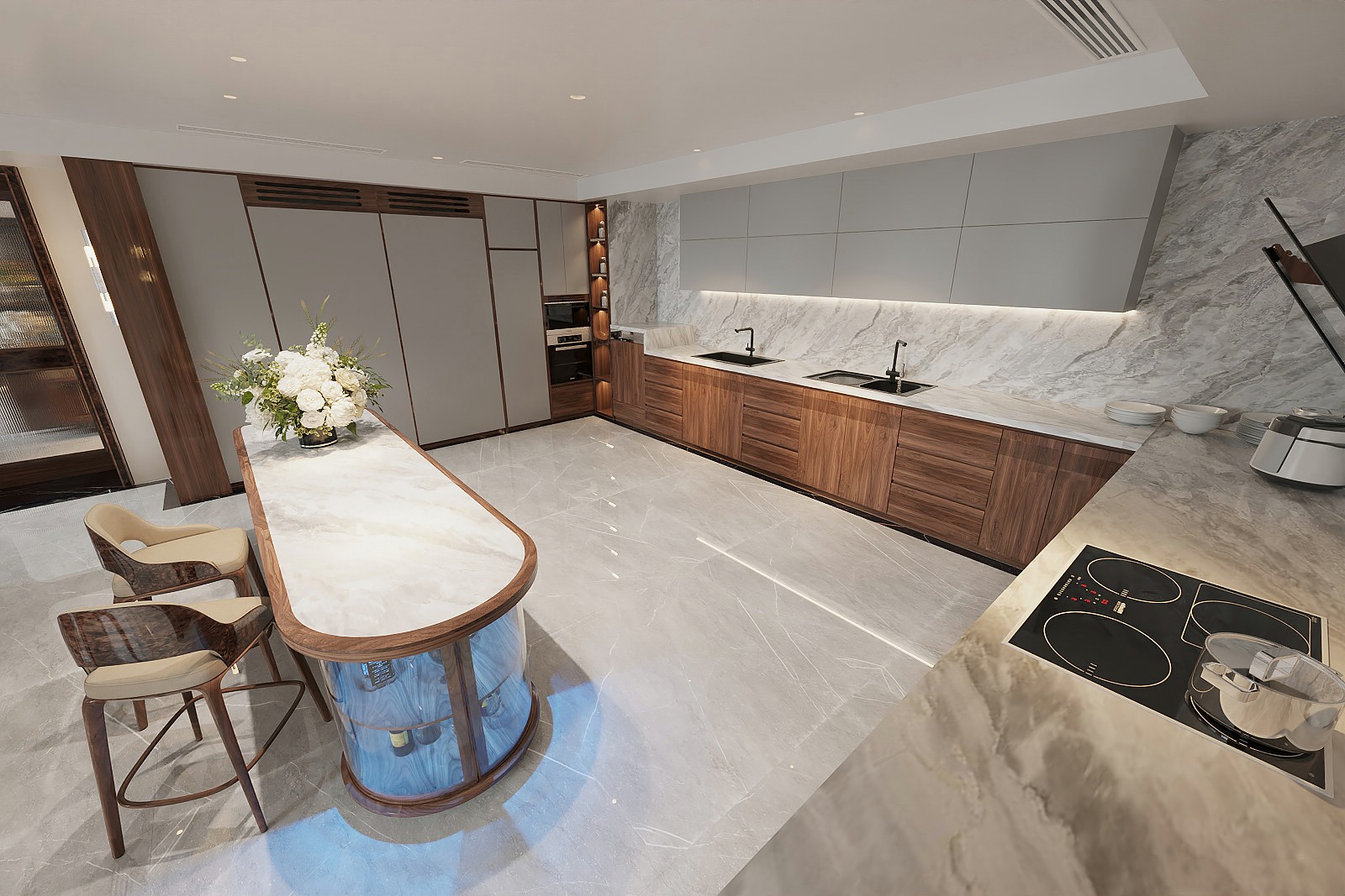 Thiết kế nội thất gỗ óc chó cao cấp cho phòng bếp