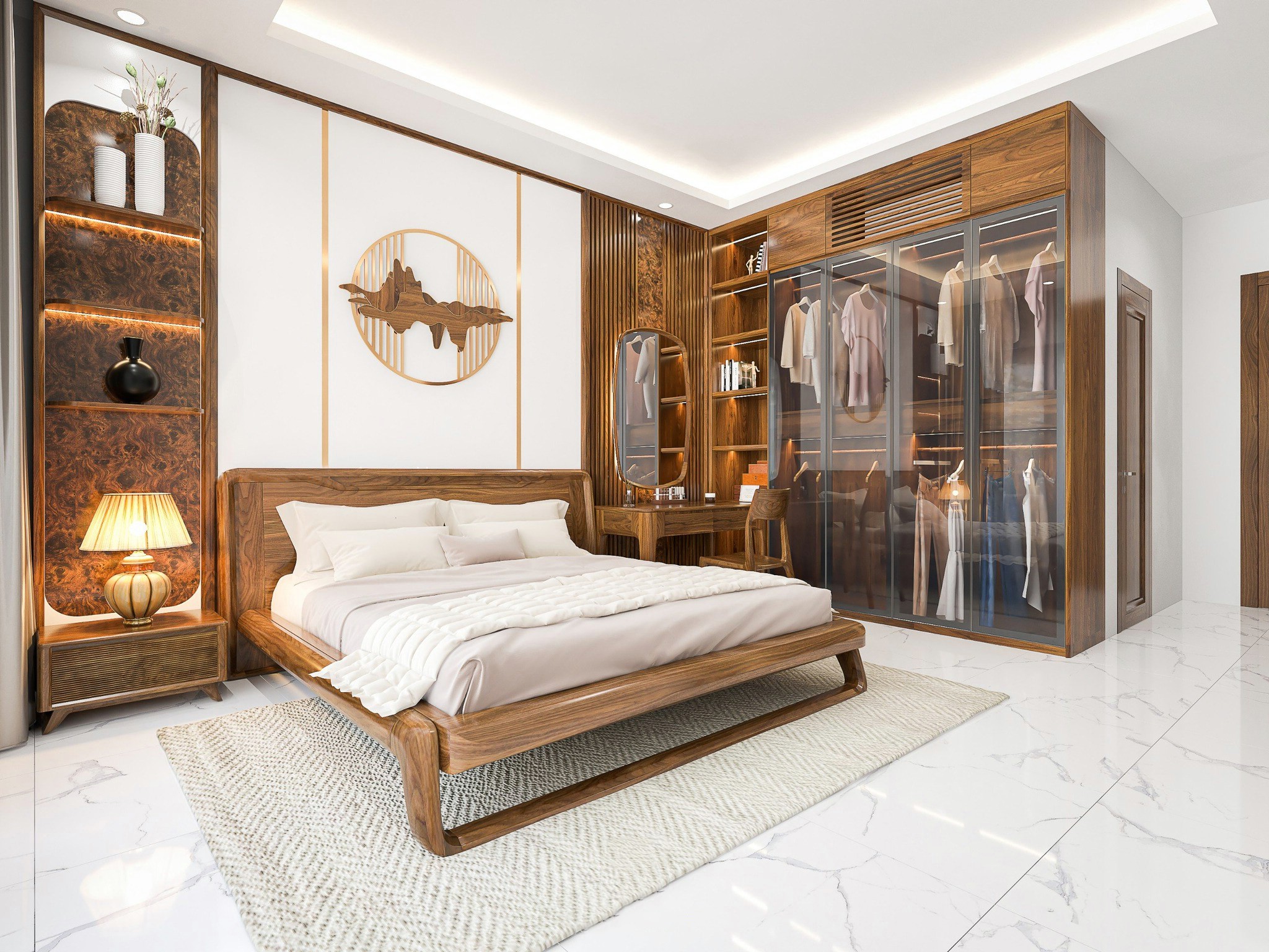 Thiết kế phòng ngủ gỗ óc chó với giường, tủ áo, bàn trang điểm và kệ trang trí tiện nghi