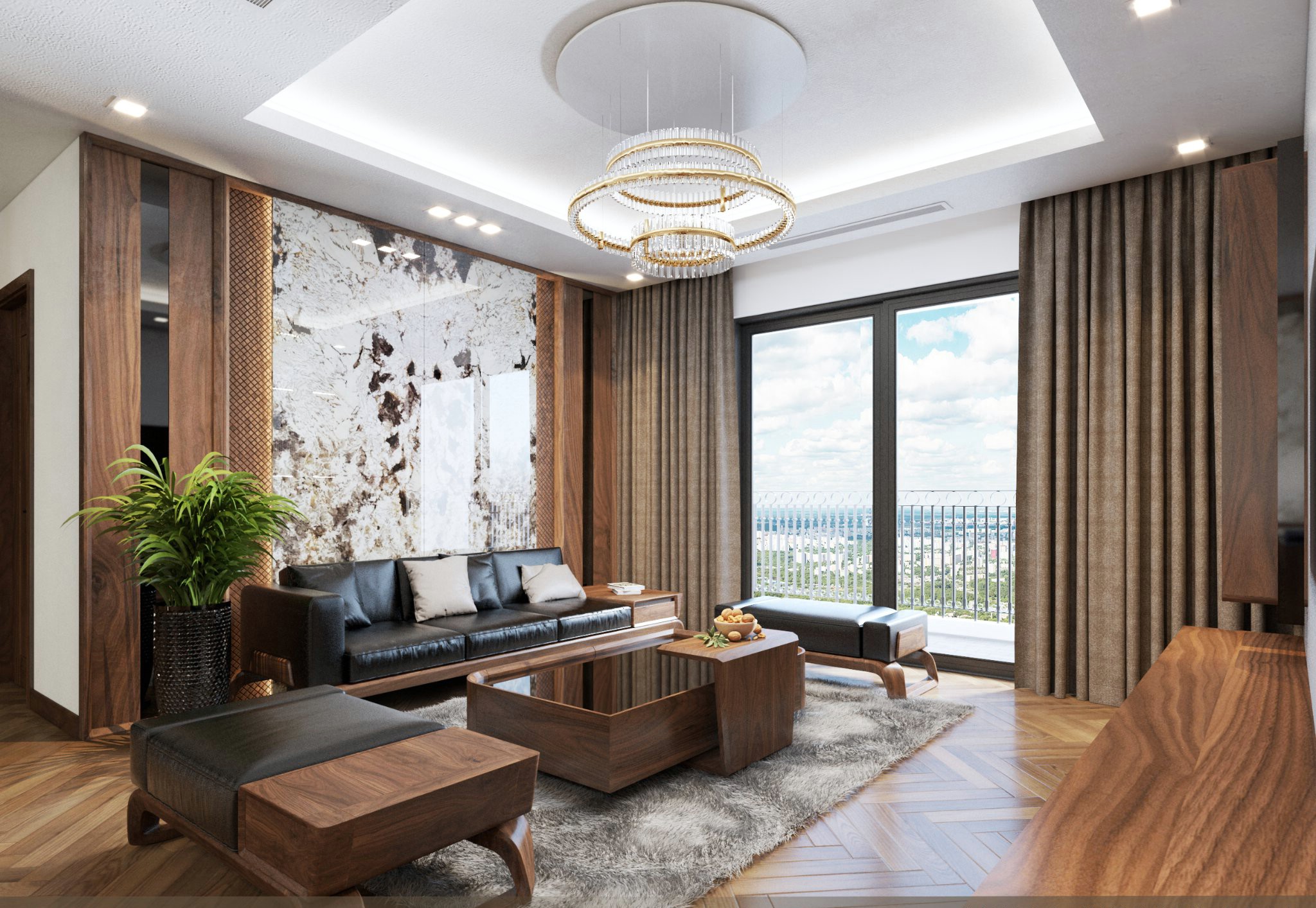 Ghế sofa gỗ đơn dài hiện đại với đệm da đen và bàn trà kính đen