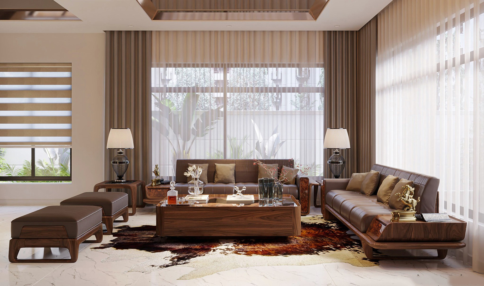 Ghế sofa gỗ phòng khách gỗ óc chó với đệm da PU nâu chocolate và tab gắn liền sofa