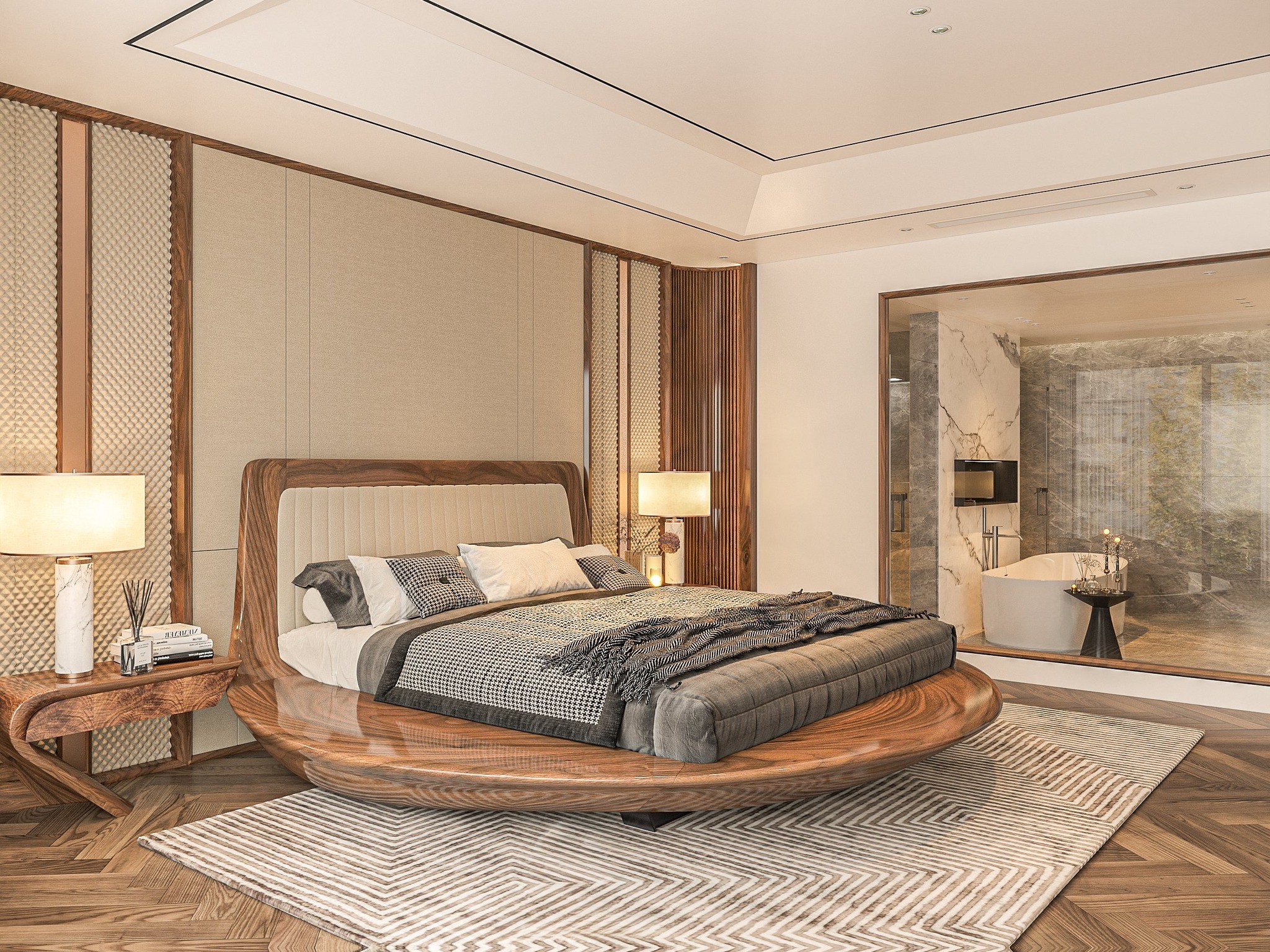 Giường gỗ óc chó cao cấp với thiết kế tròn sang trọng và tựa bọc da tinh tế