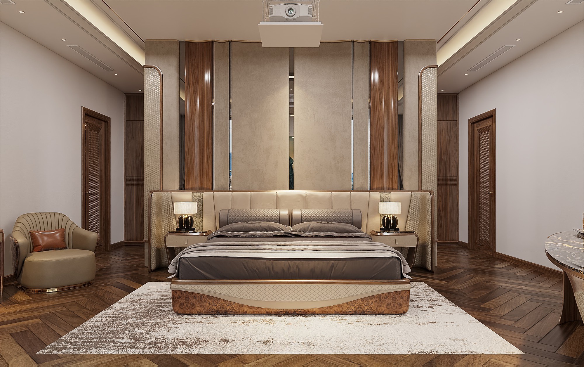 Giường gỗ tự nhiên hiện đại ốp veneer nu và da quả trám màu be vàng