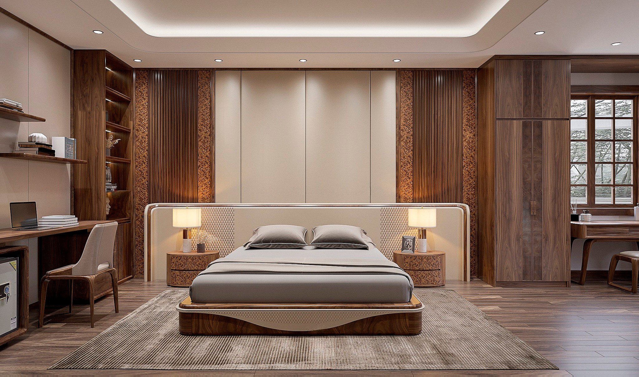 Giường ngủ 1m8 gỗ óc chó bọc da