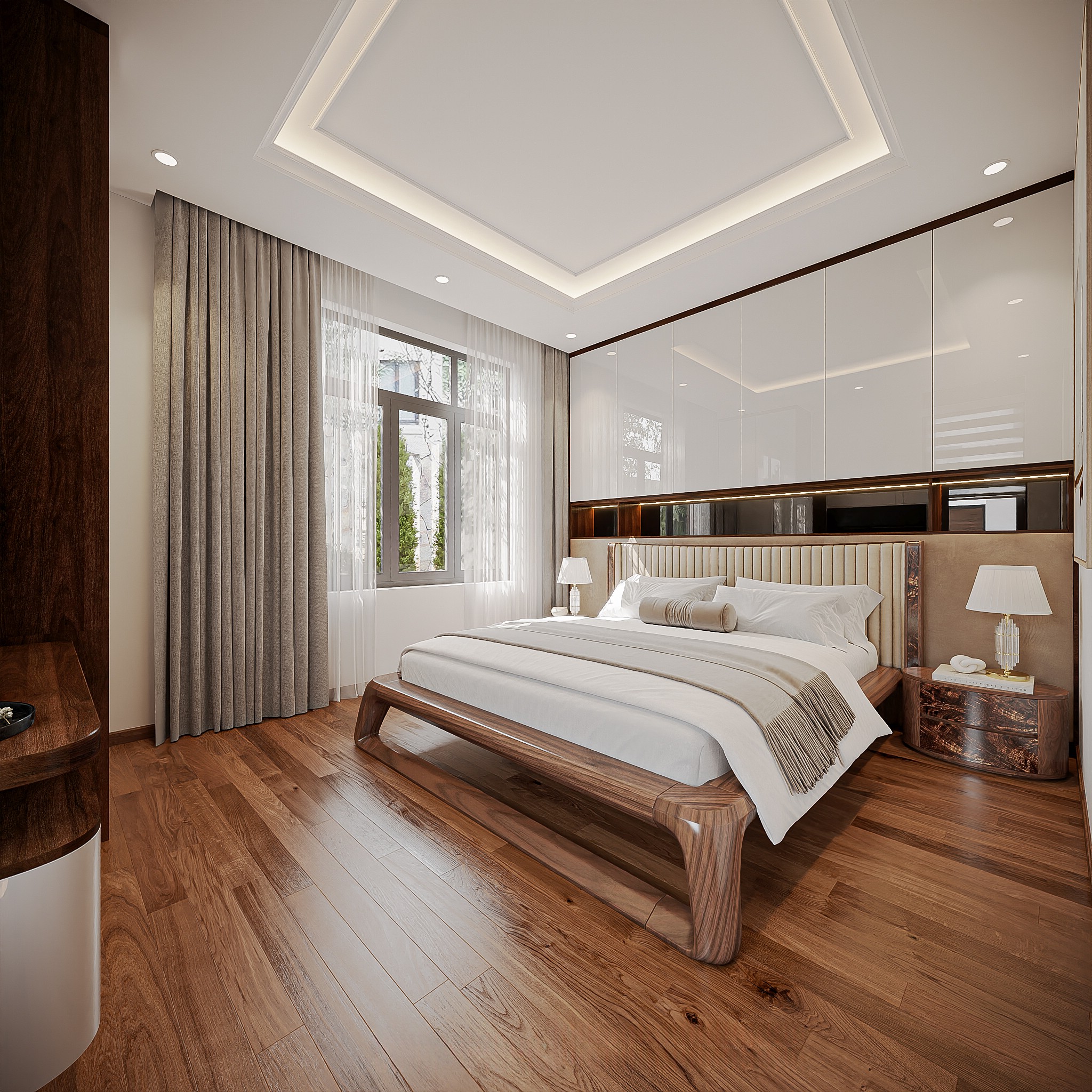 Giường ngủ bằng gỗ tự nhiên với khung chữ nhật bo tròn và tựa đầu bọc da Giường ngủ bằng gỗ tự nhiên với khung chữ nhật bo tròn và tựa đầu bọc da