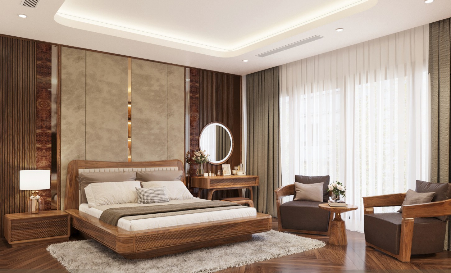 Giường ngủ cao cấp gỗ óc chó hoặc gỗ sồi tự nhiên với tựa đầu bọc da